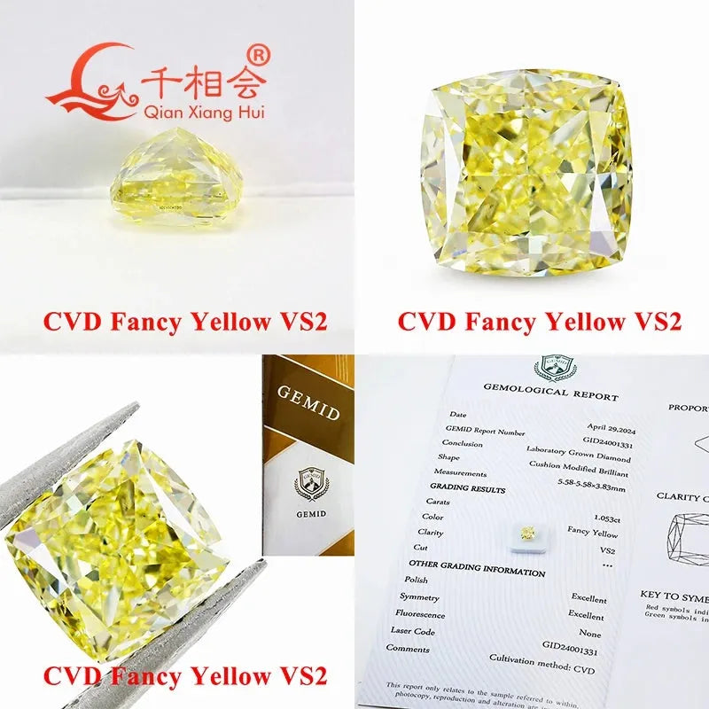 1ct VS2 Clarity Fancy Yellow CVD Lab Grown Diamond - Cushion Shape, GEMID Certified Loose Stone for Engagement Rings & Fine Jewelry