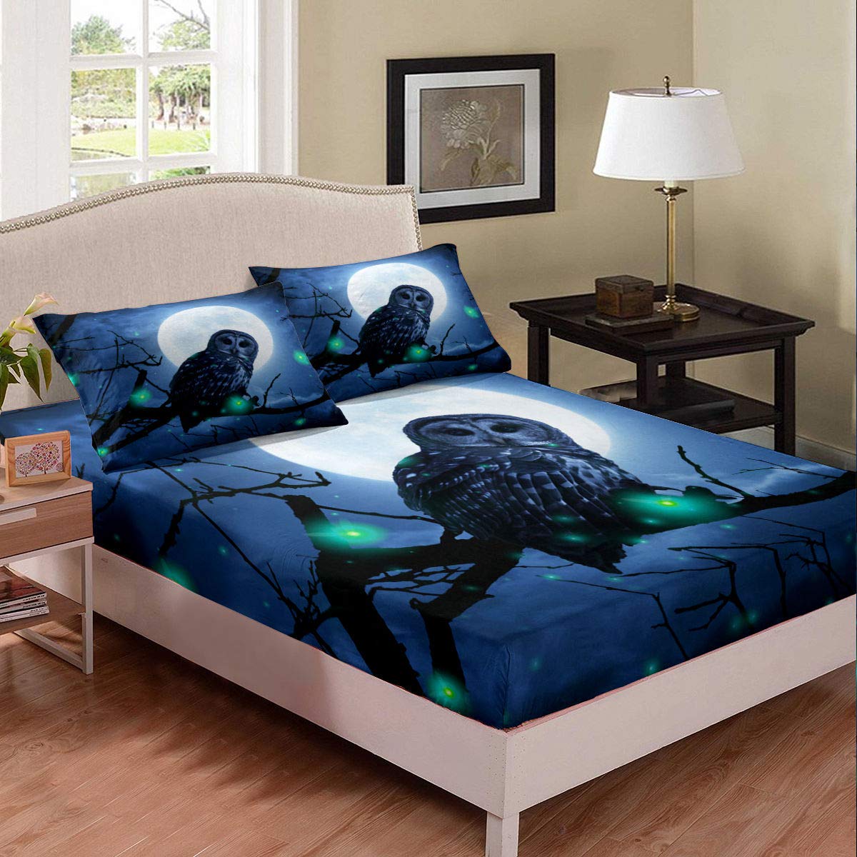 Moon Owl Nightlight Retro Style Bedding Set - Soft Luxury Fitted Sheet & Bed Cover for Men & Women - Navy Blue Queen Size - Perfect for Cozy Nights & Boho Bedroom Decor