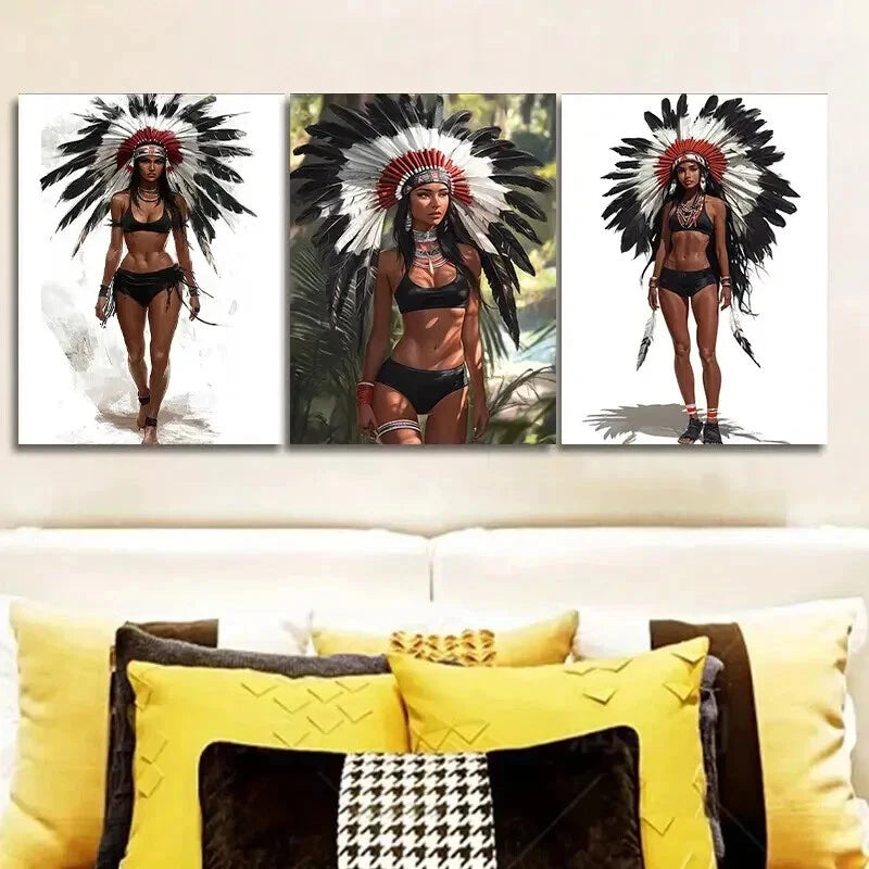 3PCS Indian Girls Feathered Headdress Wall Art Set - 50x70cm Framed Canvas Prints - High Quality Australian Made Home Decor - Perfect for Living Room, Bedroom & Office Wall Decor