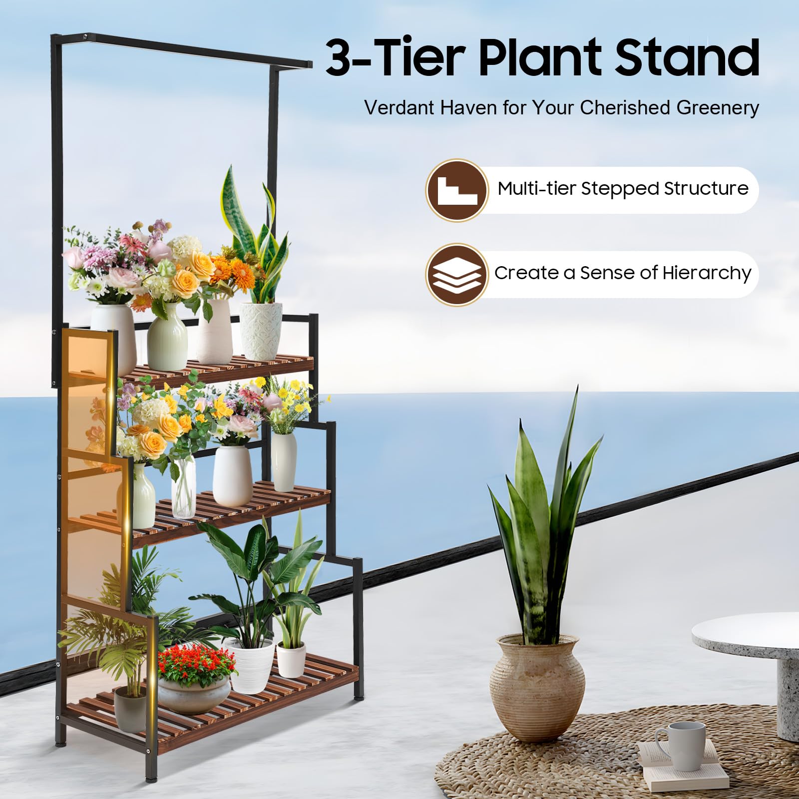 OUKANING 3-Tier Black Metal Hanging Plant Stand - Flower Pot Display Shelf for Indoor & Outdoor Use - 31.4 x 13.4 x 68.1 Inch Storage Rack - Perfect for Living Room, Garden, Patio, Balcony, Lawn Decor