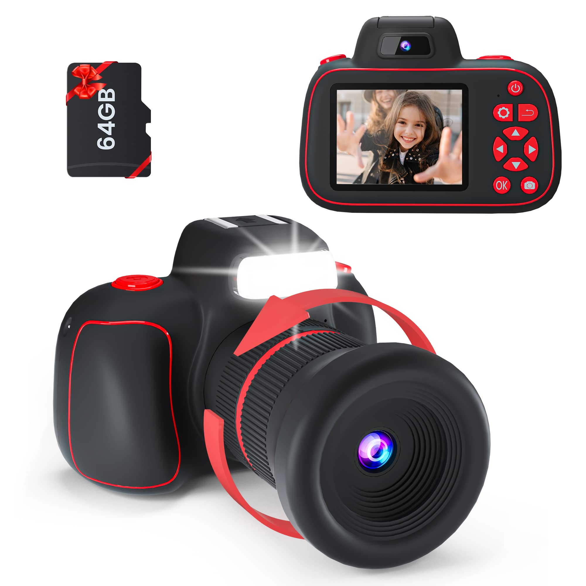 4K Kids Digital Camera with Rotatable Zoom Lens & Auto Focus - Best Christmas Birthday Gift for Boys Girls Ages 8-12 - Includes 64GB SD Card - Perfect for Travel, Parties & Creative Photography Learning