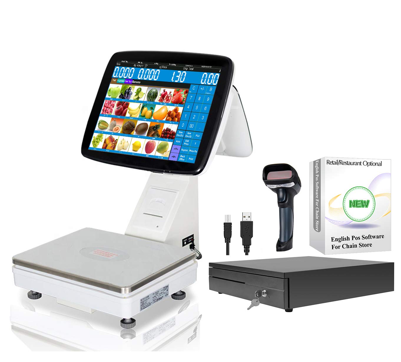 2024 POS System with Built-in 80mm Receipt Printer & Weighing Scale (15KG Capacity) - Ideal for Grocery Stores, Farmers Markets, Retail Shops & Supermarkets - Perfect for Checkout, Inventory Management & Fresh Produce Sales