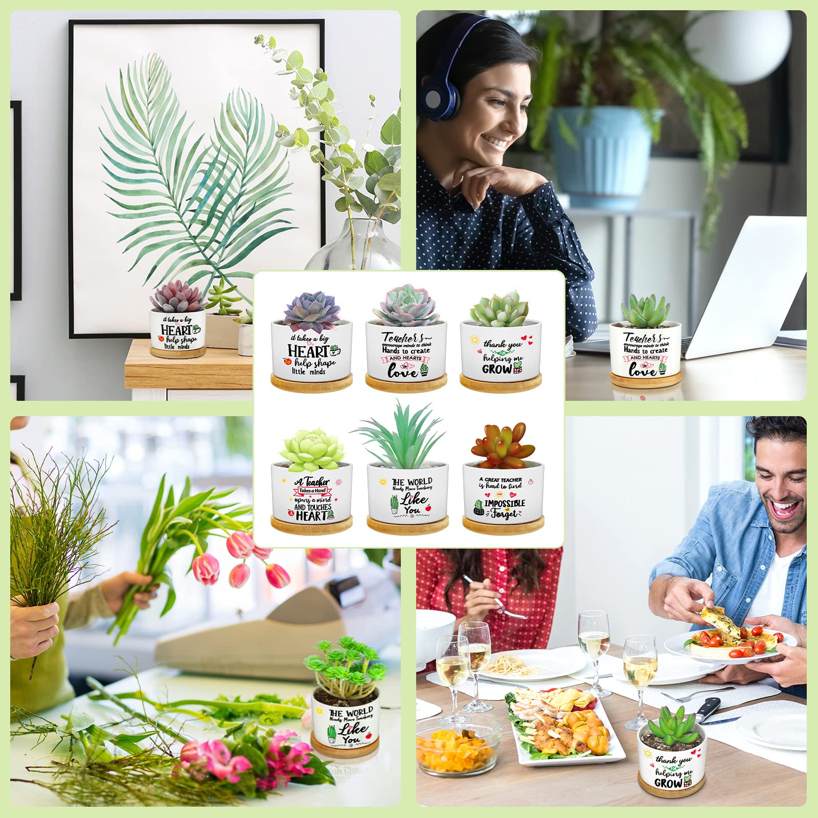 6 Pcs Funny Succulent Pots with Bamboo Tray - Teacher Appreciation, Graduation Gifts for Women - Perfect for Office & Home Decor