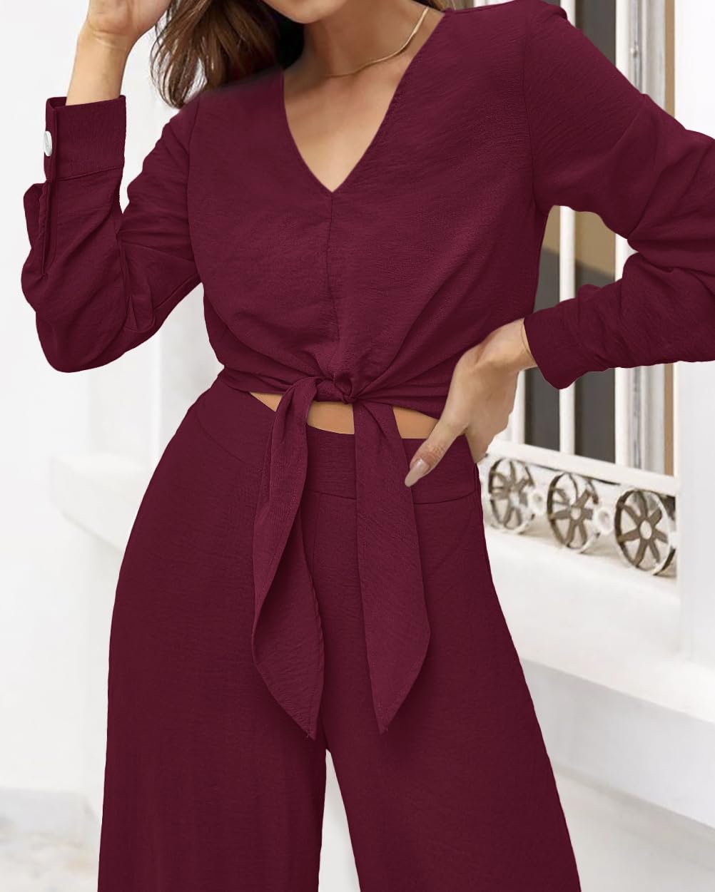 PRETTYGARDEN Women's 2 Piece Outfits 2025 Spring Casual V Neck Long Sleeve Strappy Crop Top with Wide Leg Palazzo Pants Set | Trendy Matching Outfit for Brunch, Shopping & Vacation