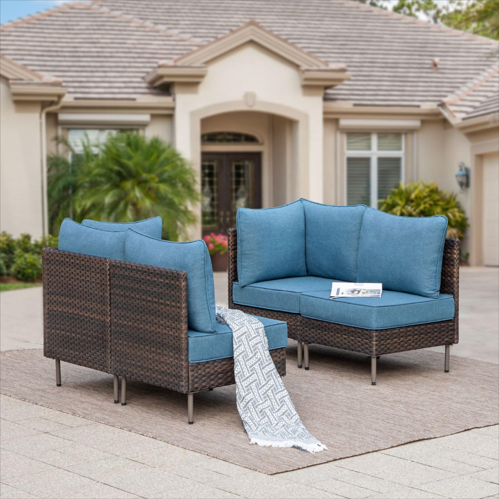 Sophia & William 4-Piece All-Weather Outdoor Patio Furniture Set - PE Wicker Conversation Sofa Set with Cushions - Blue Patio Seating for Backyard, Porch, Garden & Poolside Relaxation