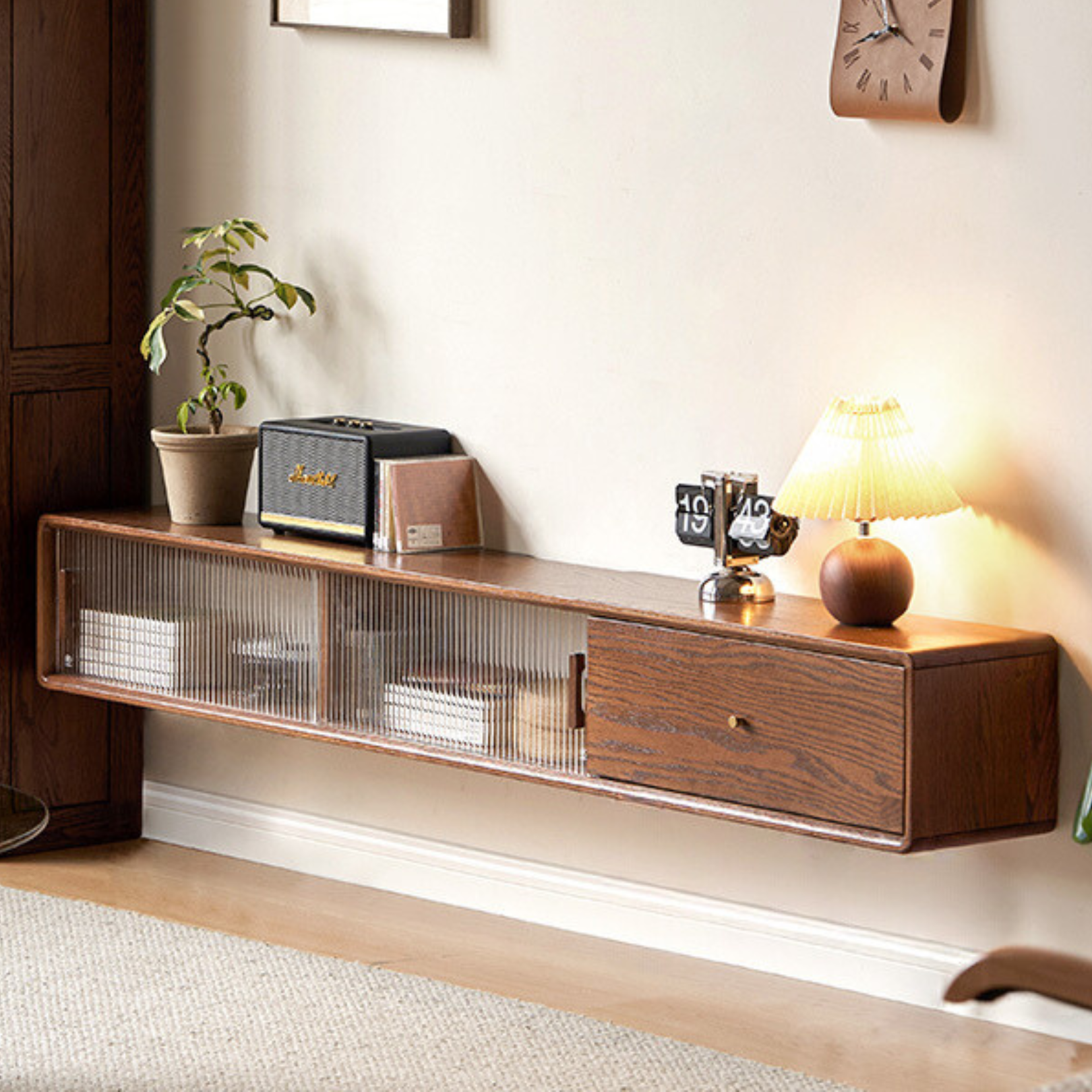 Solid Oak Wood Floating Glass Sliding Door TV Stand - Modern Entertainment Center for Living Room & Home Theater