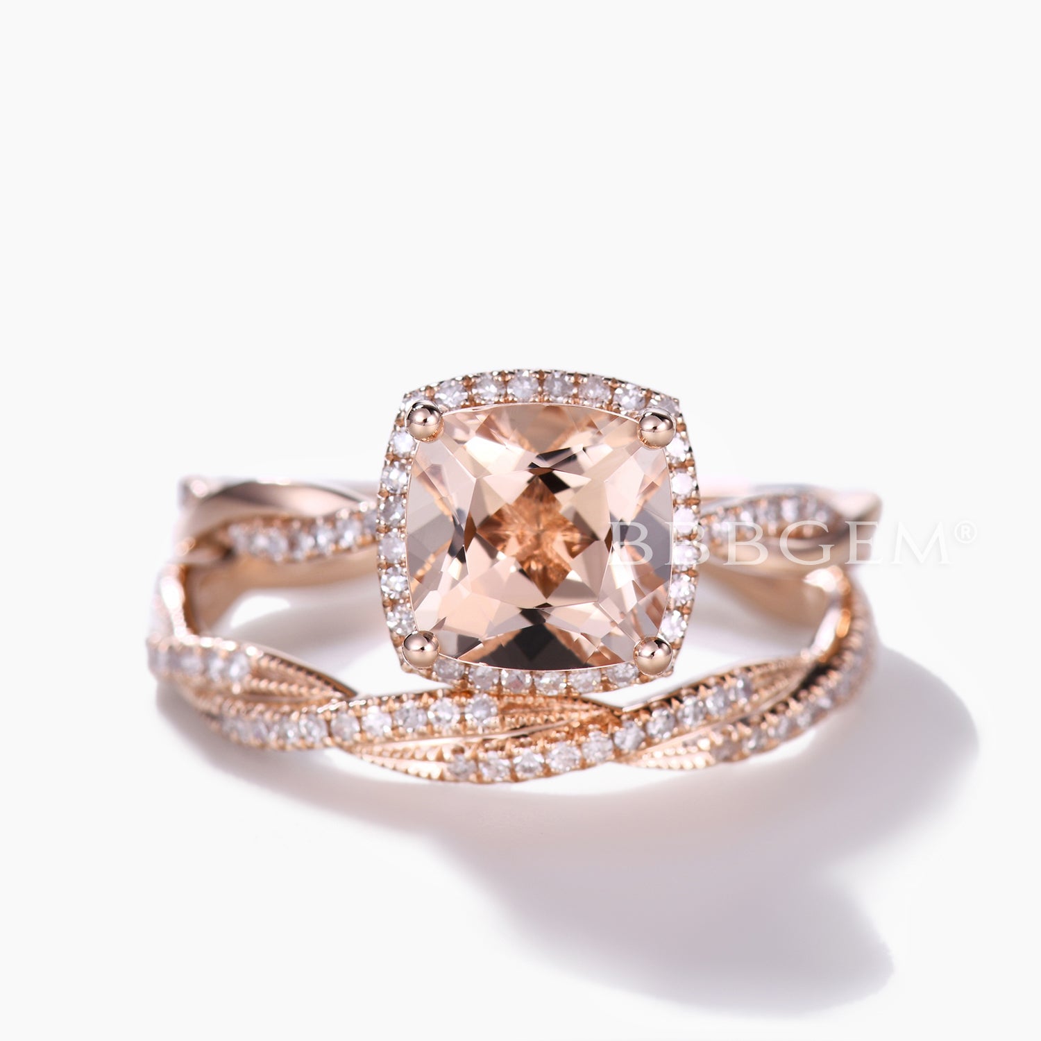 Rose Gold Morganite & Diamond Engagement Ring Set with Twist Infinity Wedding Band – Perfect for Proposals, Anniversaries & Bridal Jewelry