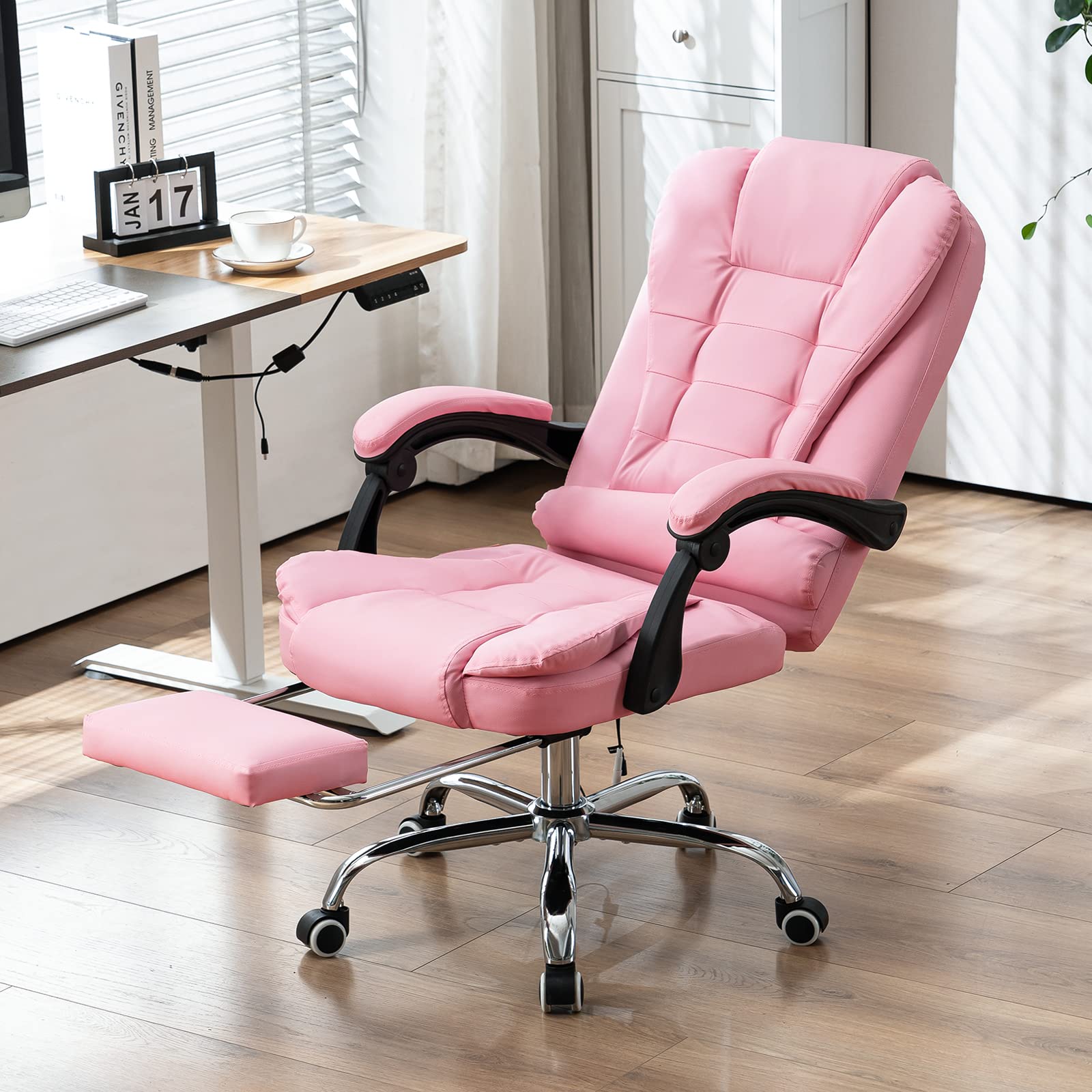 Ergonomic Reclining Office Chair with Massage & Heat - PU Leather Executive Computer Chair with Footrest, Padded Armrest & High Back Support - Swivel Recliner for Home Office, Study & Gaming (Pink) - Perfect for Long Work Hours, Relaxation & Productivity