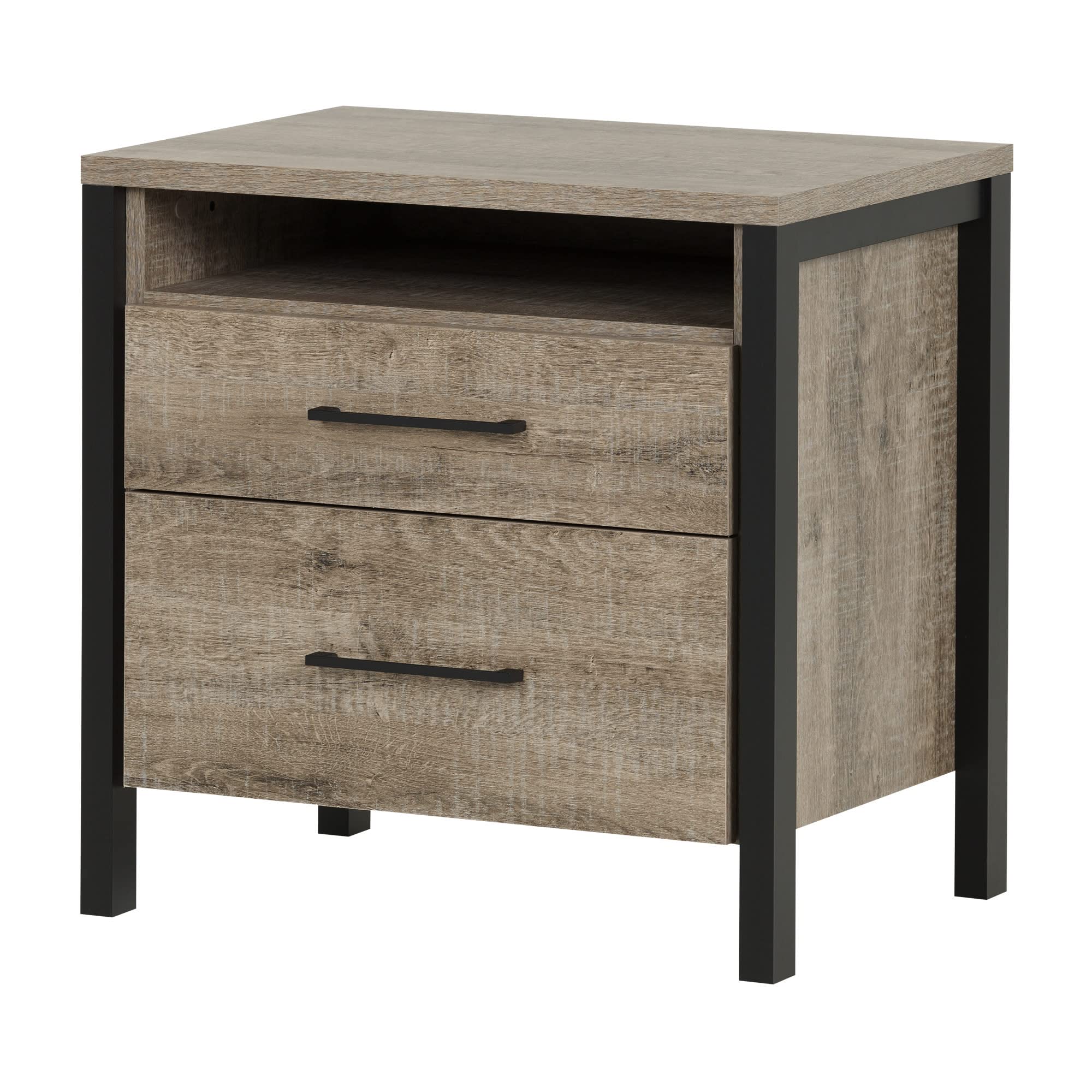 South Shore Munich 2-Drawer Nightstand - Weathered Oak & Matte Black Finish with Metal Handles - Modern Bedside Table for Bedroom, Guest Room, or Nursery - Perfect for Storage & Organization