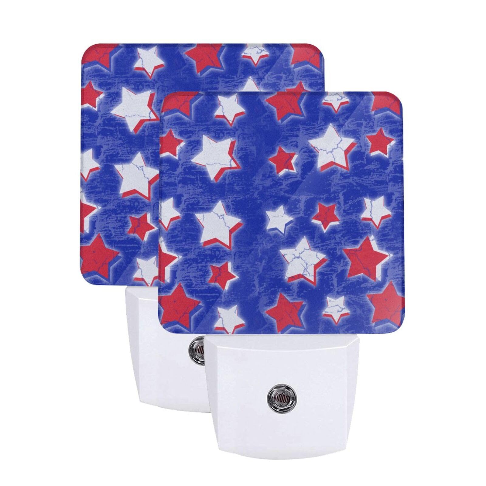 Red and White Flag Stars Plug-in LED Night Light with Auto Sensor - Set of 2 Dusk to Dawn Memorial Day Nightlights for Bedroom, Nursery, Hallway, or Bathroom
