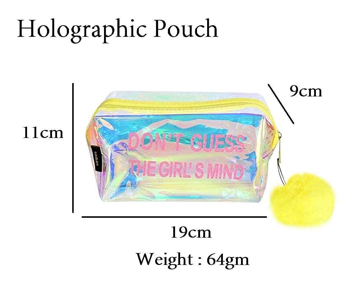 VIBGYOR Gold Waterproof Clear PVC Transparent Holographic Cosmetic Bag - Makeup Pouch Travel Organizer for Women & Girls with Yellow Pom Pom - Perfect for Travel, Gym, Beach & Daily Essentials Storage