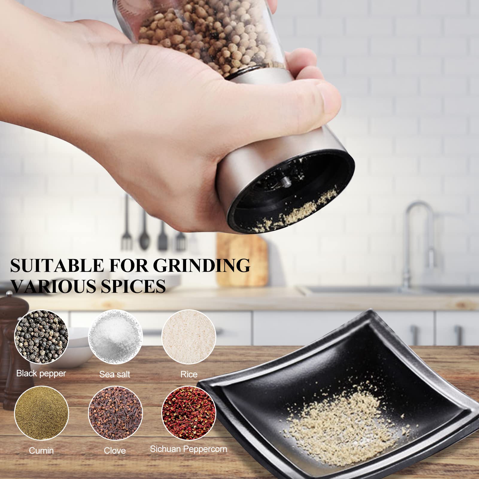 Premium Stainless Steel Salt and Pepper Grinder Set - Adjustable Coarseness, Refillable Manual Mill for Spices, Herbs & Seeds (5.3