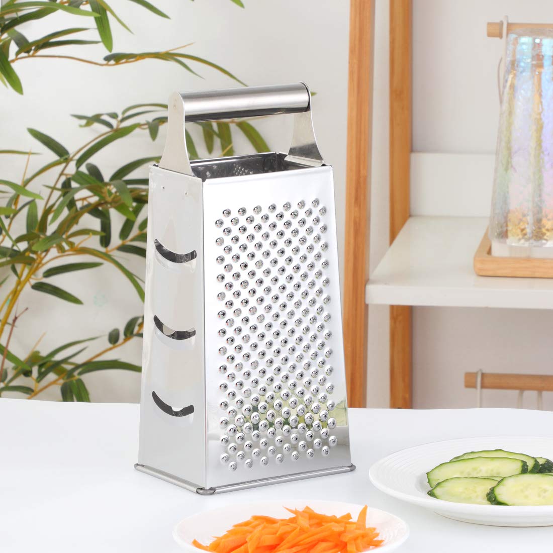QOBIMOON 4-Sided Stainless Steel Box Grater - 9.2 Inch Large Cheese Grater & Vegetable Slicer for Parmesan, Fruits, Ginger - Perfect for Kitchen, Cooking, Meal Prep & Salad Making (Silver)