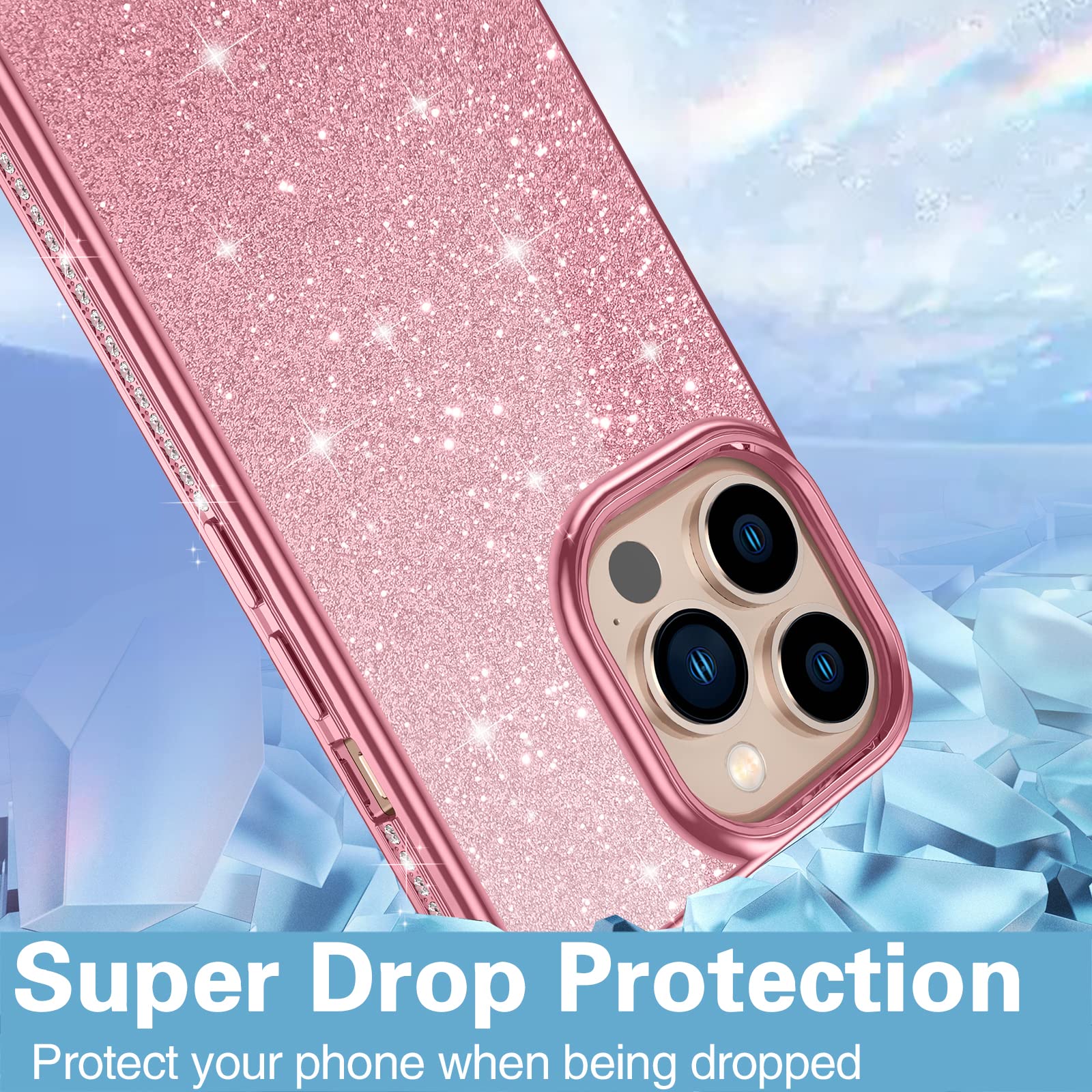 Sparkly Glitter Luxury Diamond iPhone 13 Pro Max Case - Shockproof, Anti-Scratch Slim Fit Protective Phone Cover for Women & Girls (Pink) | Perfect for Parties, Daily Use & Gift Giving