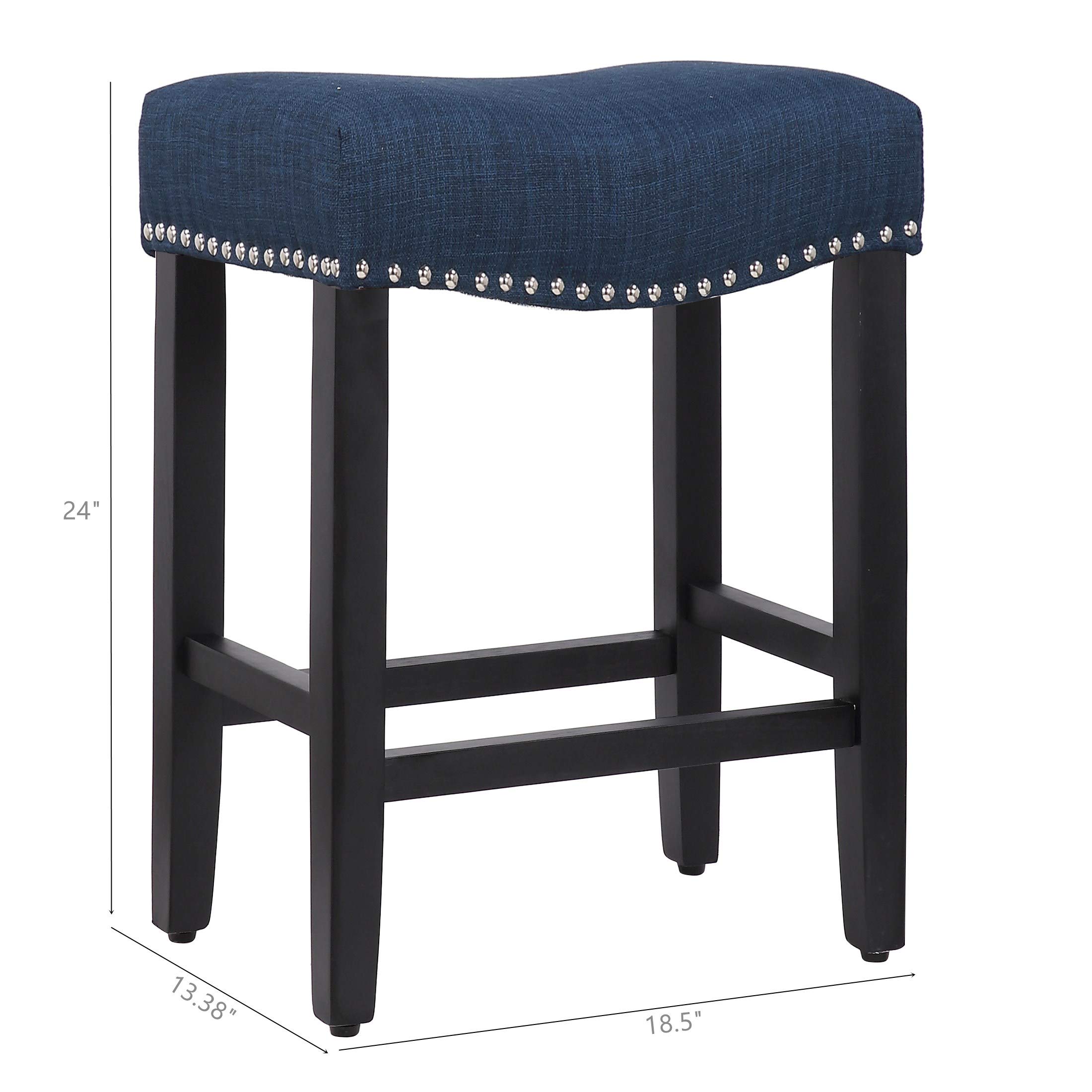 Modern Farmhouse Black Bar Stools Set of 2 - 24 Inch Counter Height Wooden Saddle Stools with Linen Upholstered Cushion & Solid Wood Legs - Navy Blue Kitchen Bar Stools for Home, Restaurant, or Cafe Decor