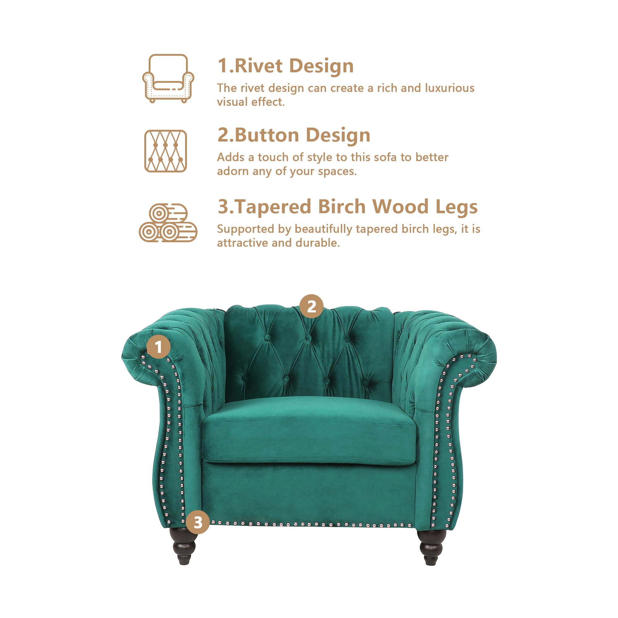 QHITTY Modern Velvet Chesterfield Accent Chair - Tufted Back Upholstered Living Room Furniture in Green | Perfect for Home Office, Lounge & Reading Nook