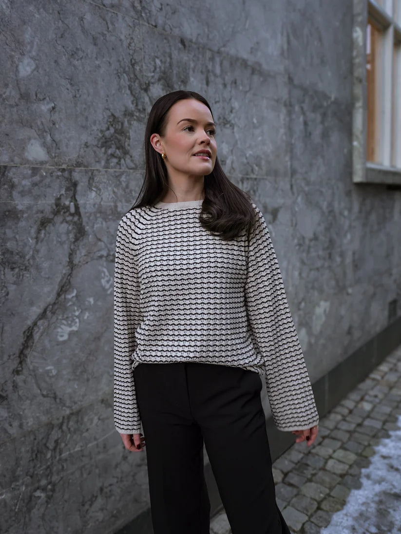 Ester Patterned Knit Jumper - Sandshell & Black Color Women's Sweater | Cozy Fall & Winter Fashion for Casual Outings and Office Wear