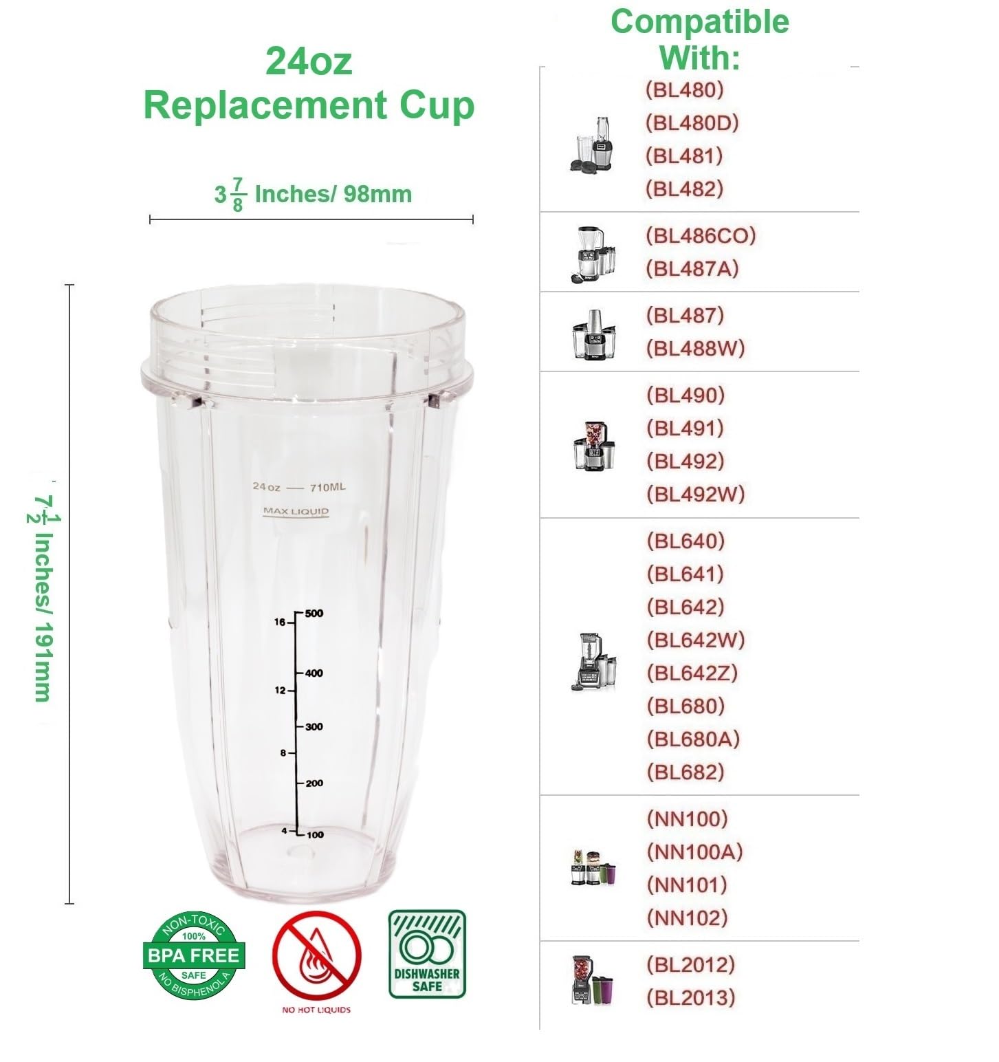 Blendin 24oz Large Tall Cup with Sip N Seal Lid - Replacement Jar for Nutri Ninja Auto IQ & Duo Blenders (2 Pack) | Premium Blender Accessories for Smoothies, Protein Shakes & Meal Prep | 4