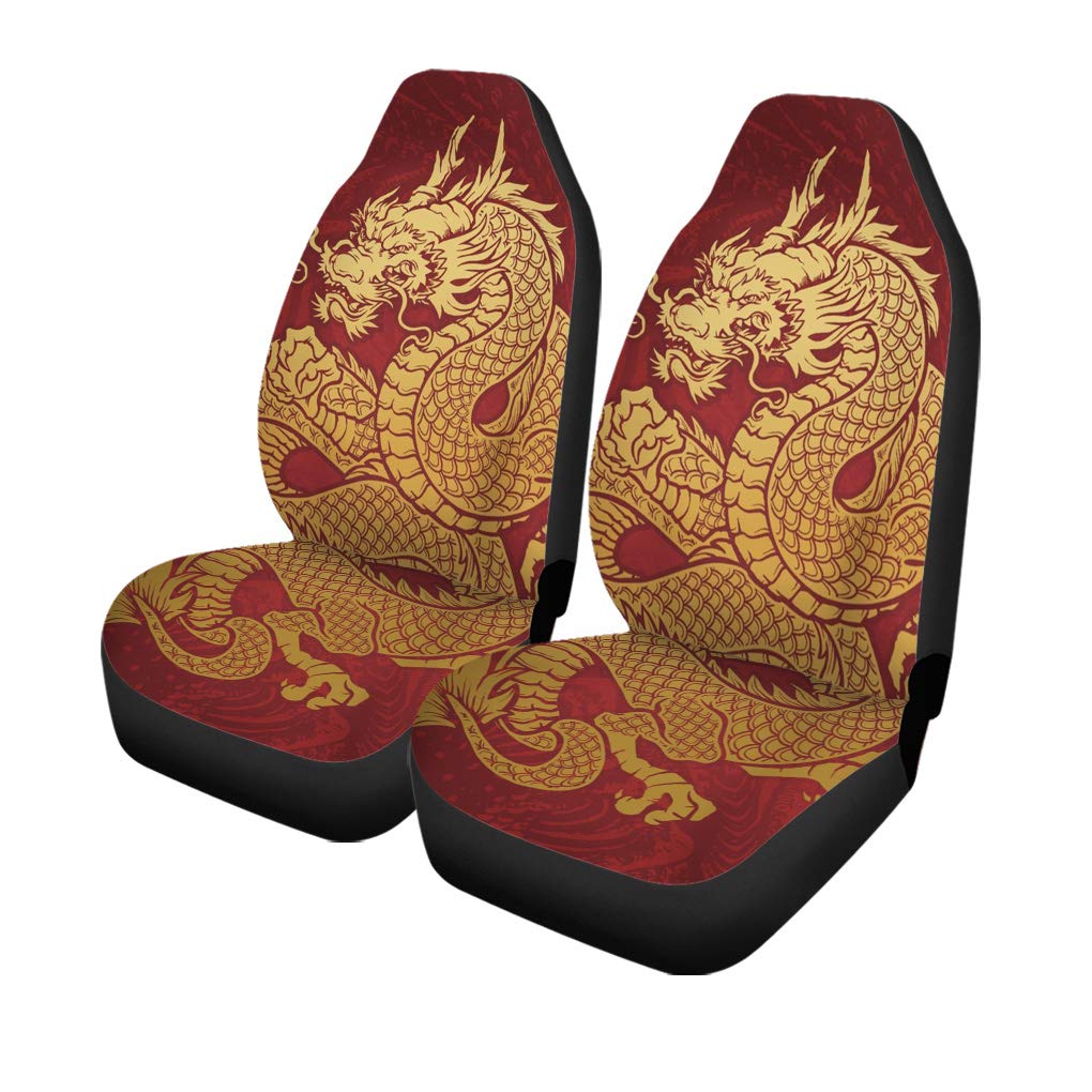 Premium Japanese Oriental Coiled Dragon Car Seat Covers - Red & Gold Set of 2, Universal Fit for Cars, Trucks & SUVs | Auto Accessories Protectors & Stylish Car Decor for Daily Commute & Road Trips