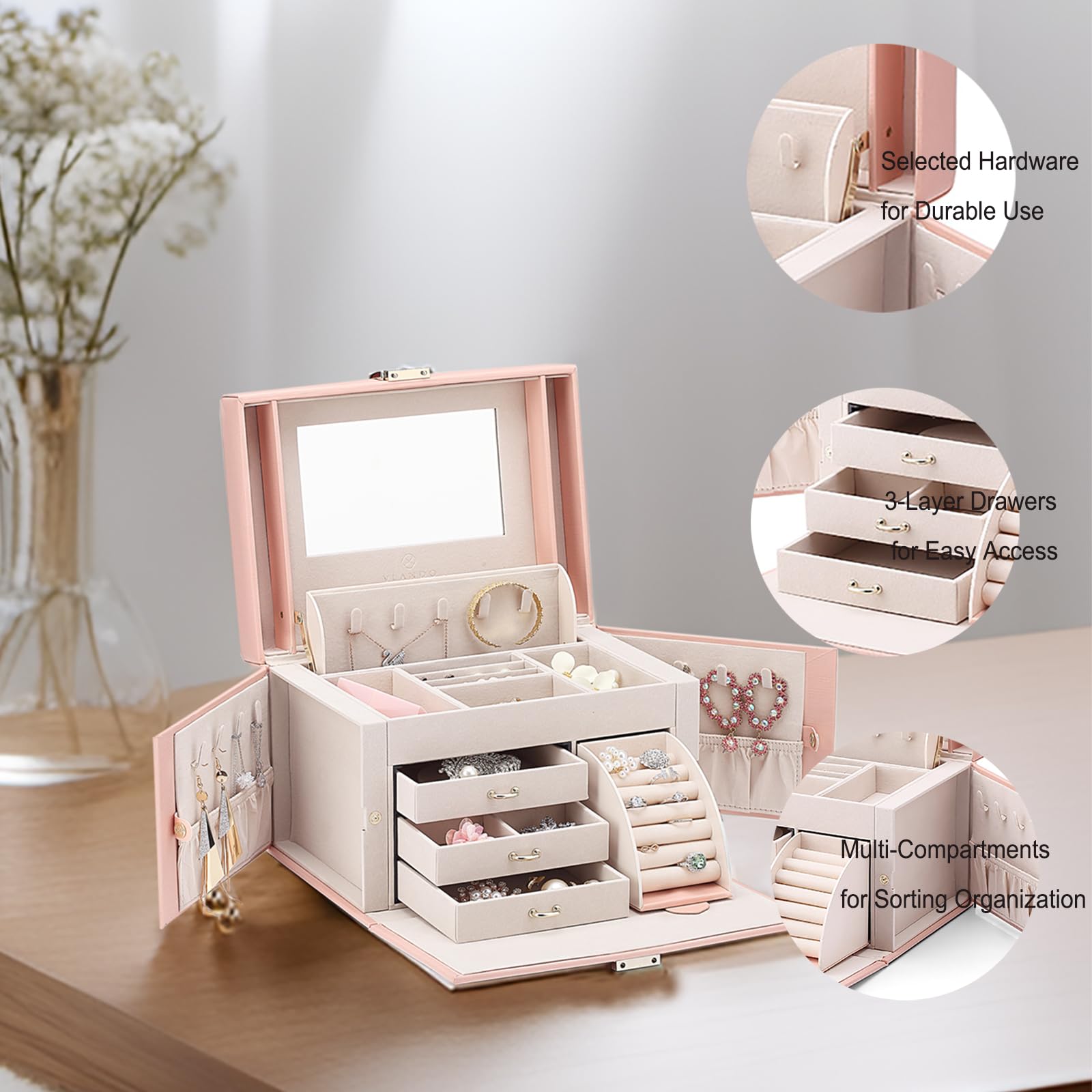 Vlando Leather Jewelry Box Organizer - Mirror Jewelry Storage Case for Necklaces, Earrings, Rings & Bracelets - Pink Jewelry Organizer for Dresser, Vanity & Travel | Perfect Gift for Women & Girls