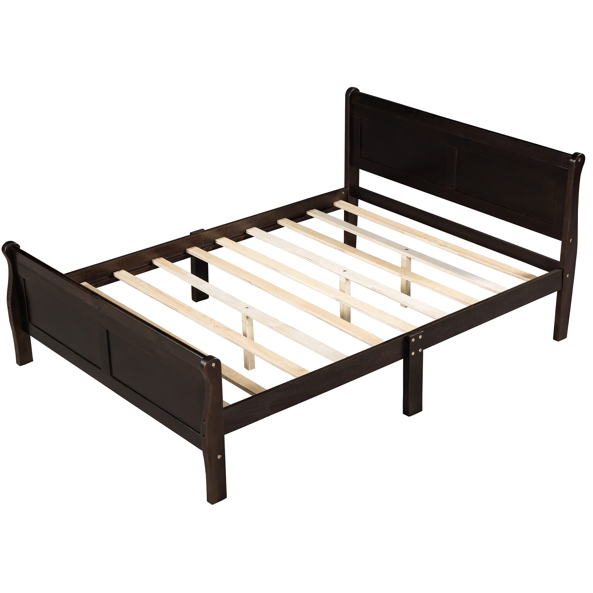 Queen Size Solid Wood Platform Bed Frame with Headboard & Footboard - Sleigh Design, 10 Wood Slats Support, No Box Spring Needed - Espresso Finish for Adults & Teens | Perfect for Master Bedroom, Guest Room & Dormitory