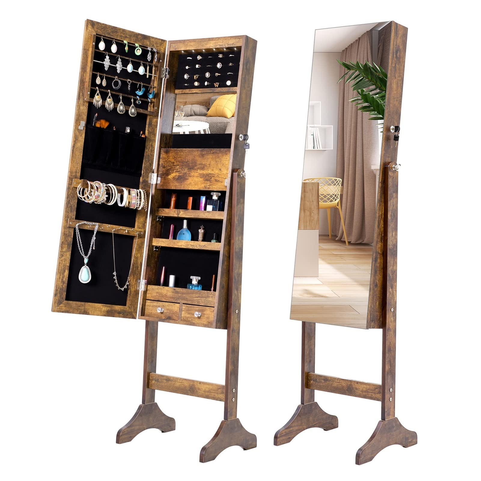 LINCHUN Fashion Jewelry Storage Mirror Cabinet with LED Lights - Elegant Vanity Organizer for Necklaces, Rings & Earrings - Perfect for Bedroom, Living Room & Dressing Room Decor