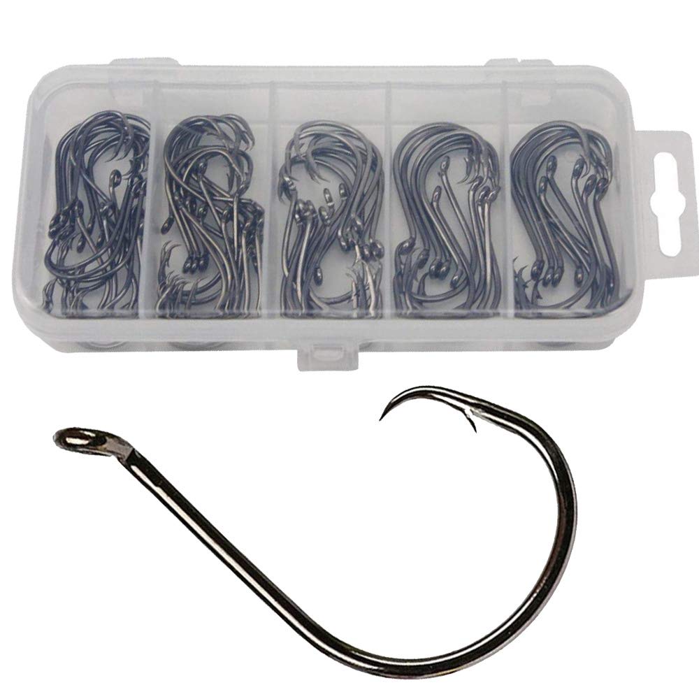 Premium Saltwater Fishing Circle Hooks Set - 50pcs Box (Sizes #1 to 4/0) for Bass, Catfish & Octopus - Offset Design for Strong Hookset - Ideal for Deep Sea, Surf & Freshwater Fishing Adventures