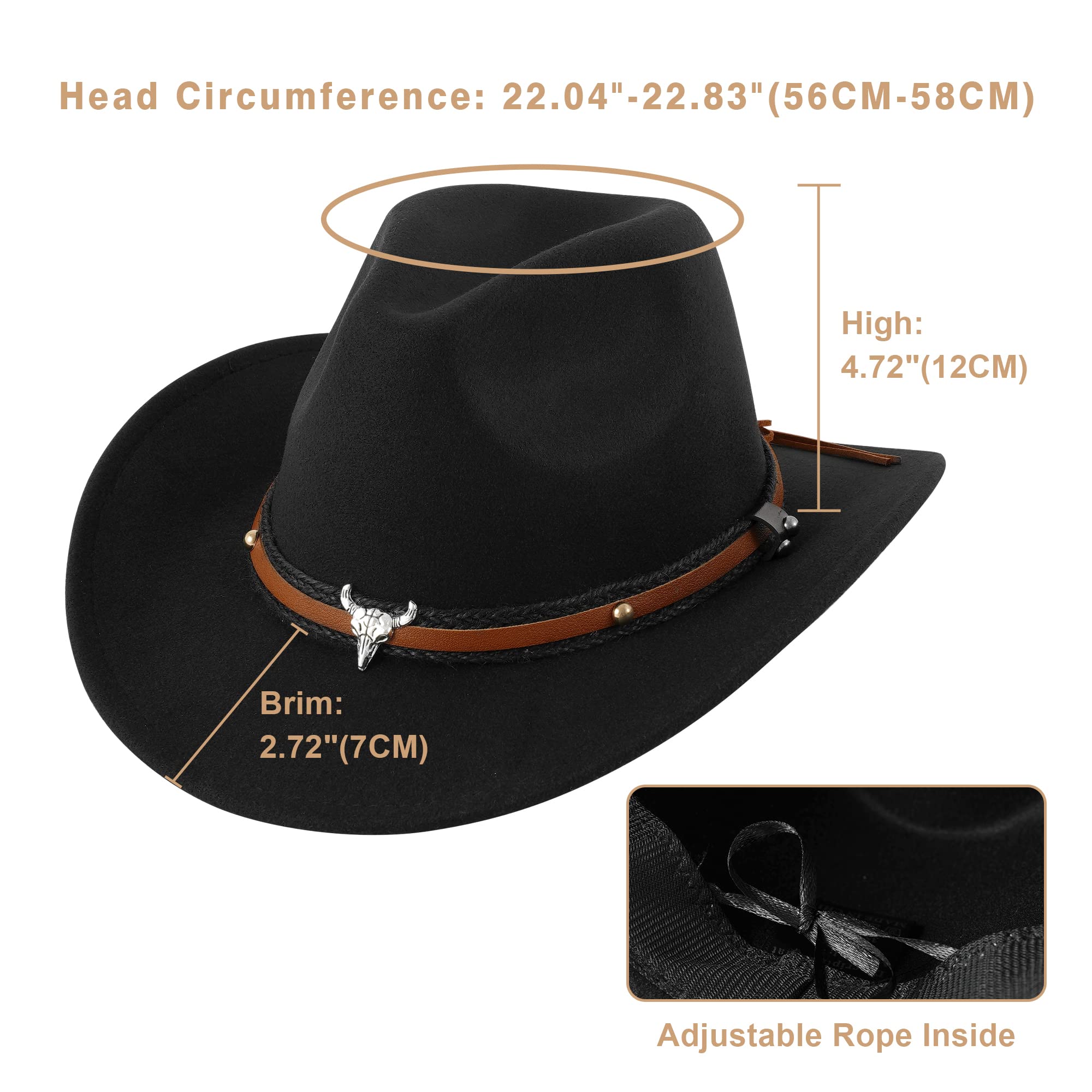 DOCILA Unisex Western Cowboy Hat - Faux Fur Felt Cowgirl & Cowboy Hat with Adjustable Strap, Wide Brim Fedora for Rodeo, Outdoor Adventures, Country Music Festivals & Western Style Fashion