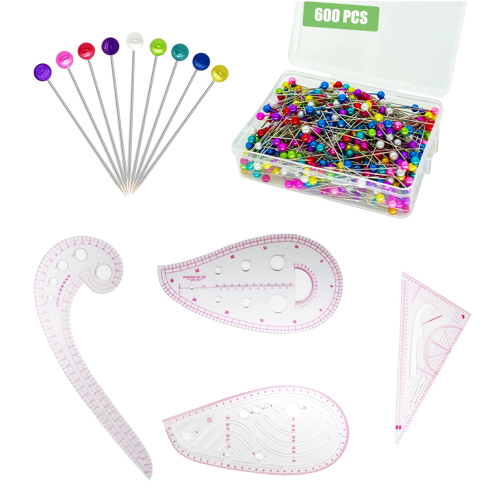 600Pcs Pearlized Ball Head Sewing Pins with 4 Styles Plastic Sewing French Curve Rulers - Perfect for Quilting, Dressmaking & DIY Craft Projects