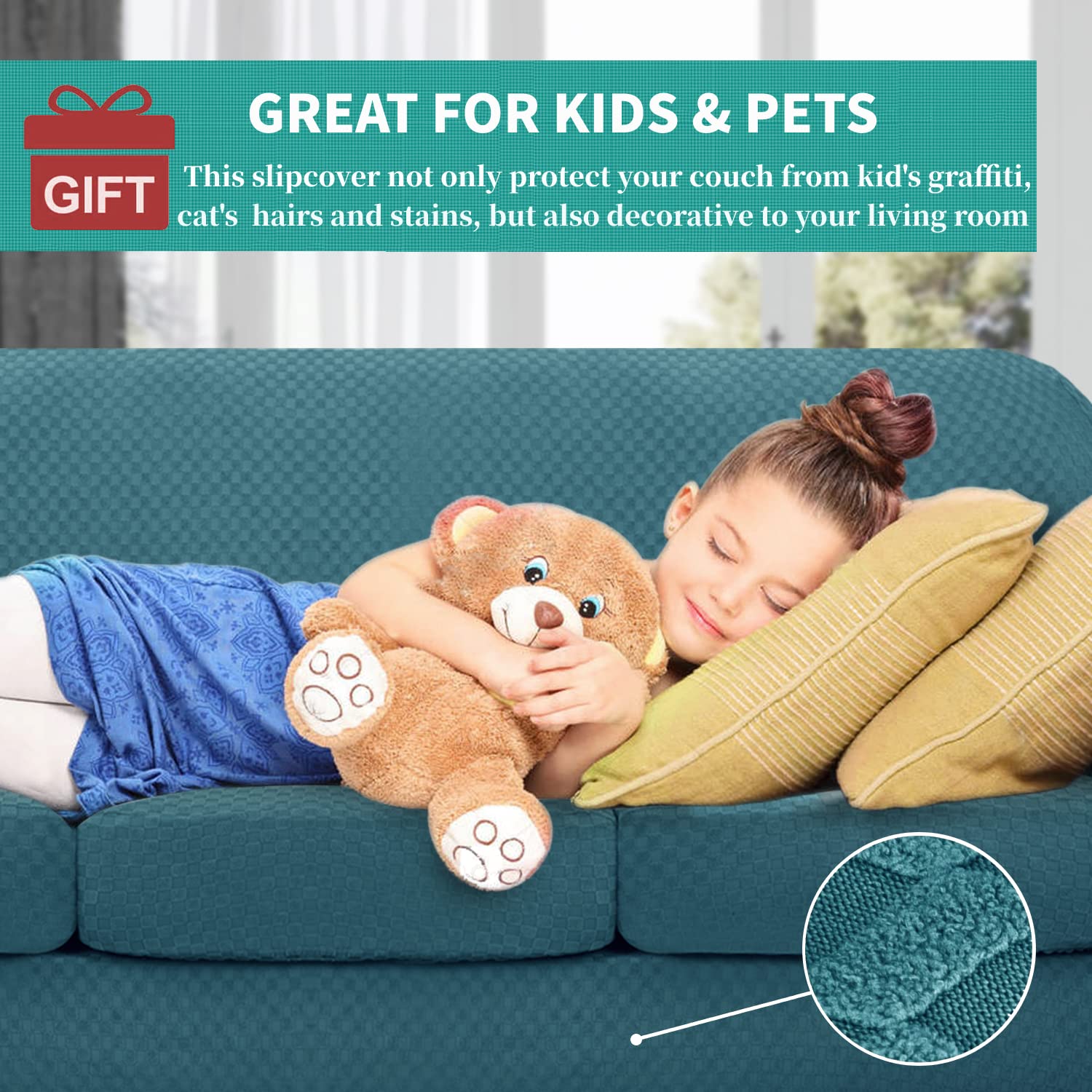 YEMYHOM 4-Piece Checkered Stretch Sofa Cover for 3-Cushion Couch - Thickened Pet-Friendly Elastic Slipcover, Teal (71