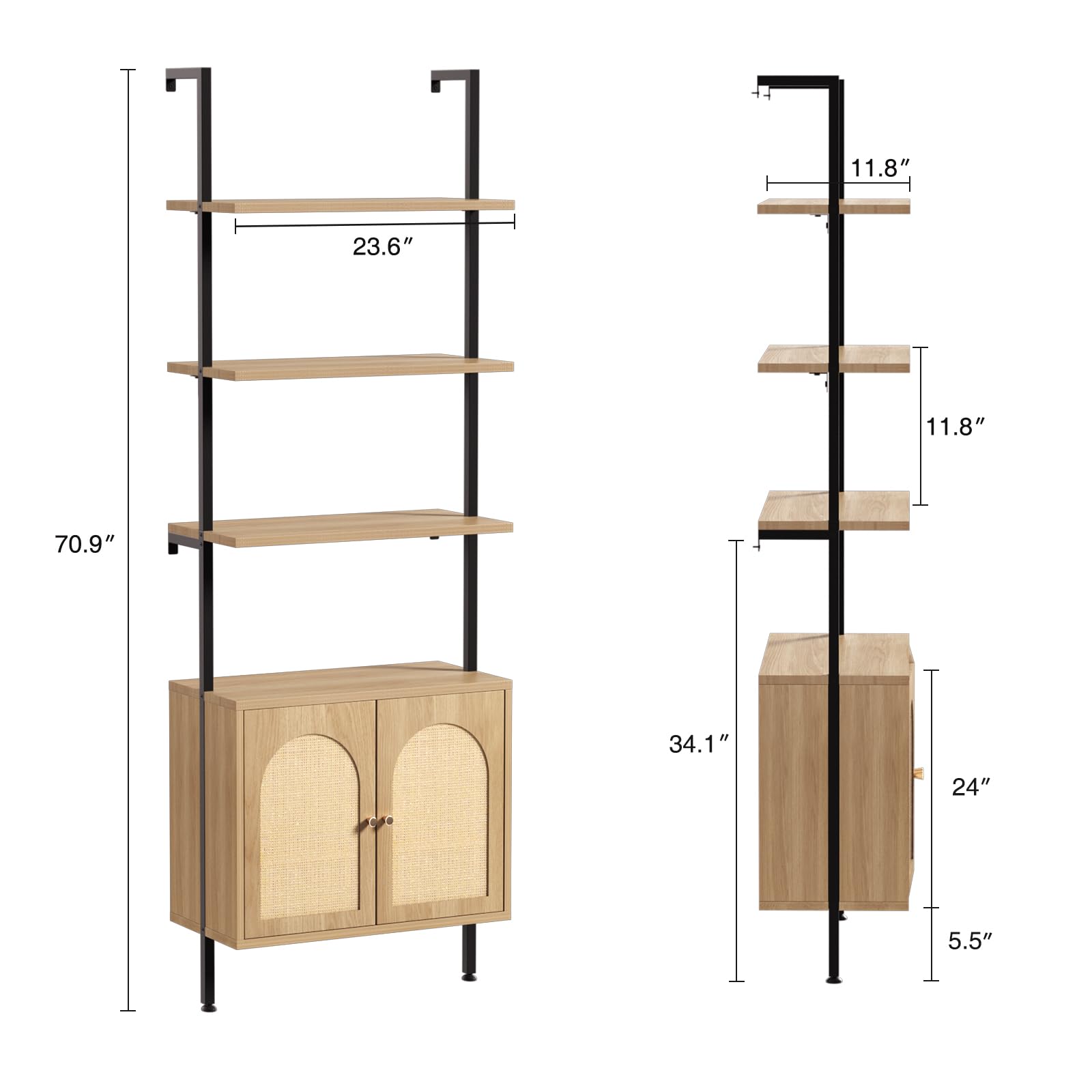 3-Tier Ladder Bookshelf with Rattan Cabinet - Space-Saving Storage for Home Office & Bedroom