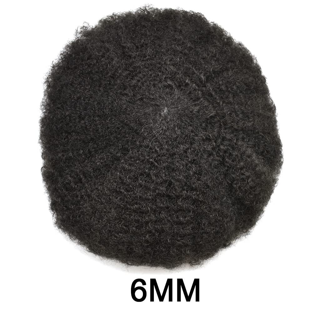 Brazilian Human Hair Afro Toupee for Black Men - Full French Lace Wig with Transparent Base | 6mm Afro Wave Curly Replacement System (1B Off Black) | Perfect for Daily Wear, Cosplay & Special Events