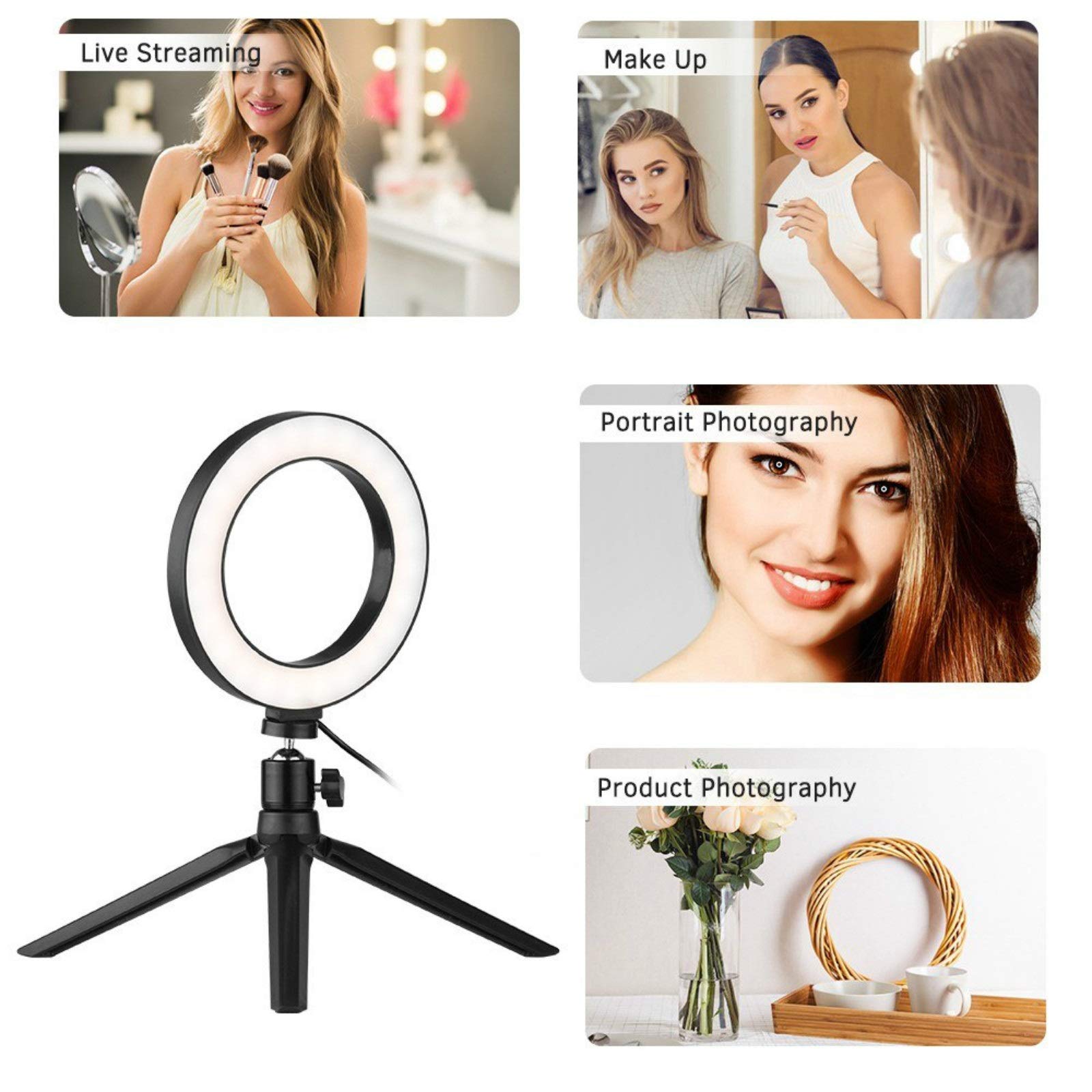 6 Inch Dimmable LED Ring Light with Mini Tripod - 3200K to 5500K Adjustable Color Temperature, Black - Perfect for Makeup, Live Streaming, YouTube Videos & Photography