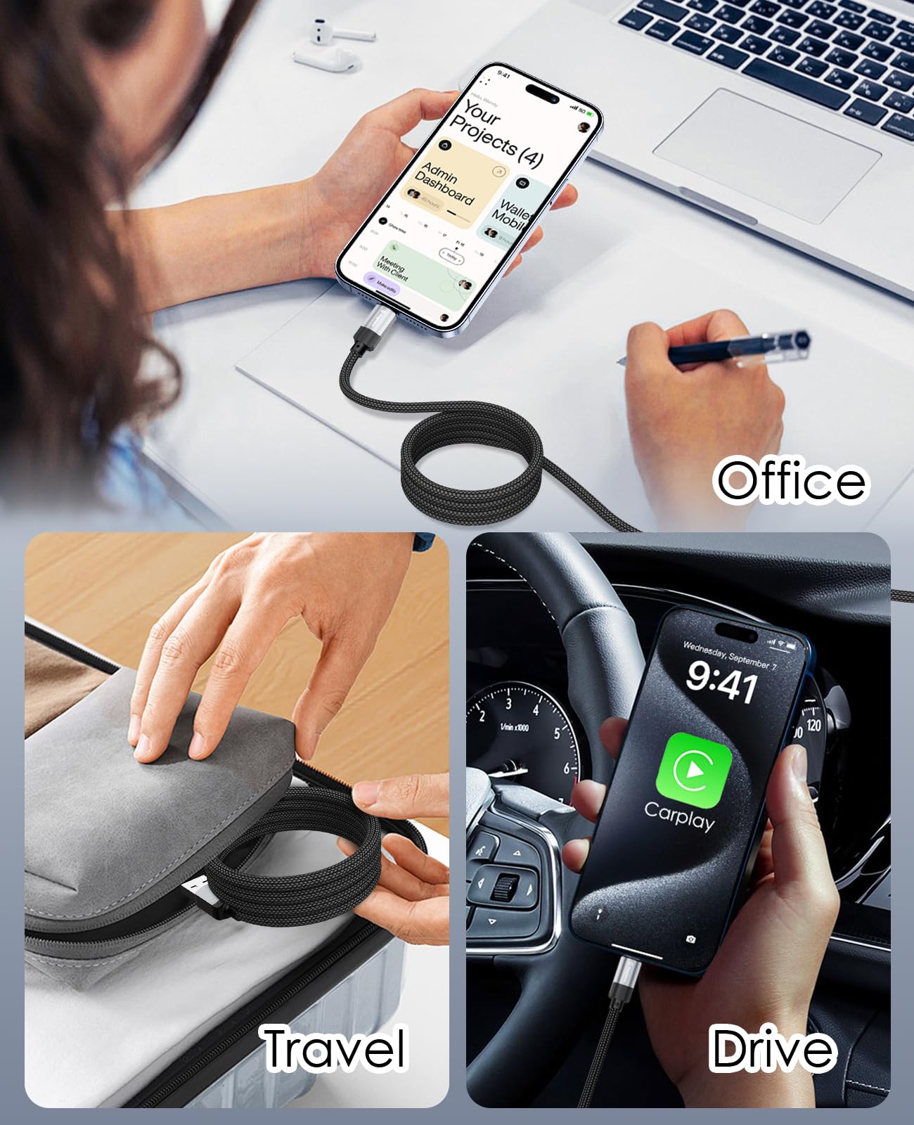 Magnetic USB C Cable Fast Charging for iPhone 15/Samsung/iPad - Black