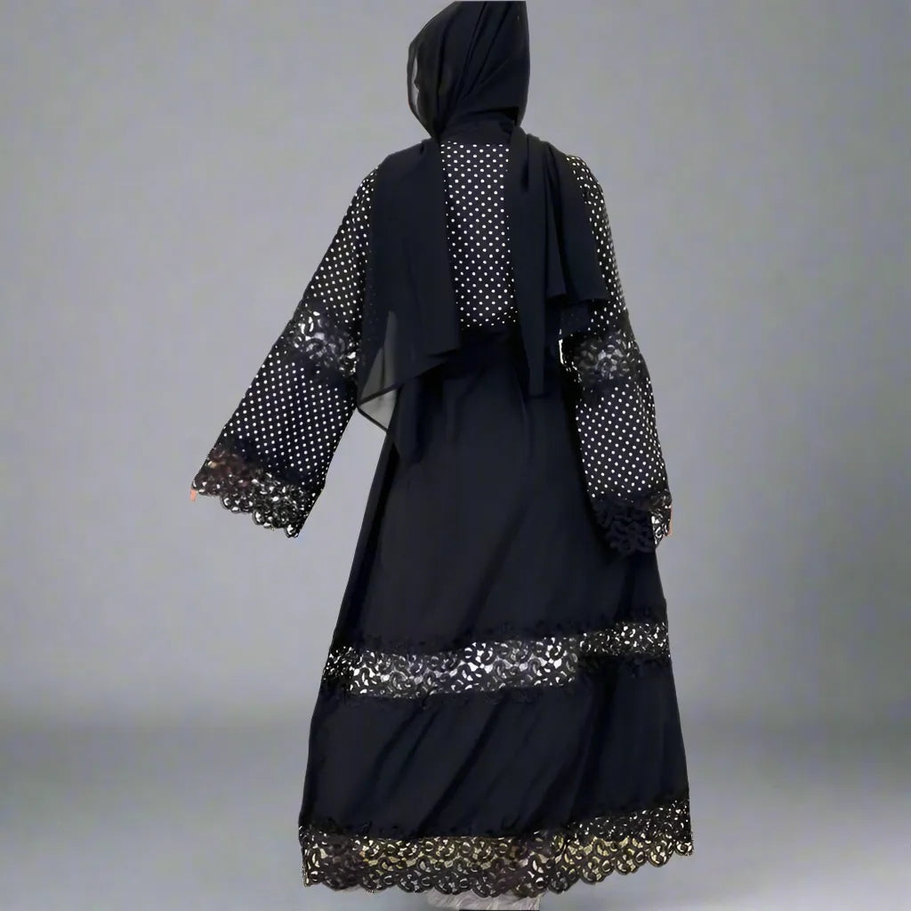 Elegant Lace Polka Dot Cardigan Open Abaya Dress for Women - Stylish Muslim Fashion for Casual Wear, Office & Special Occasions
