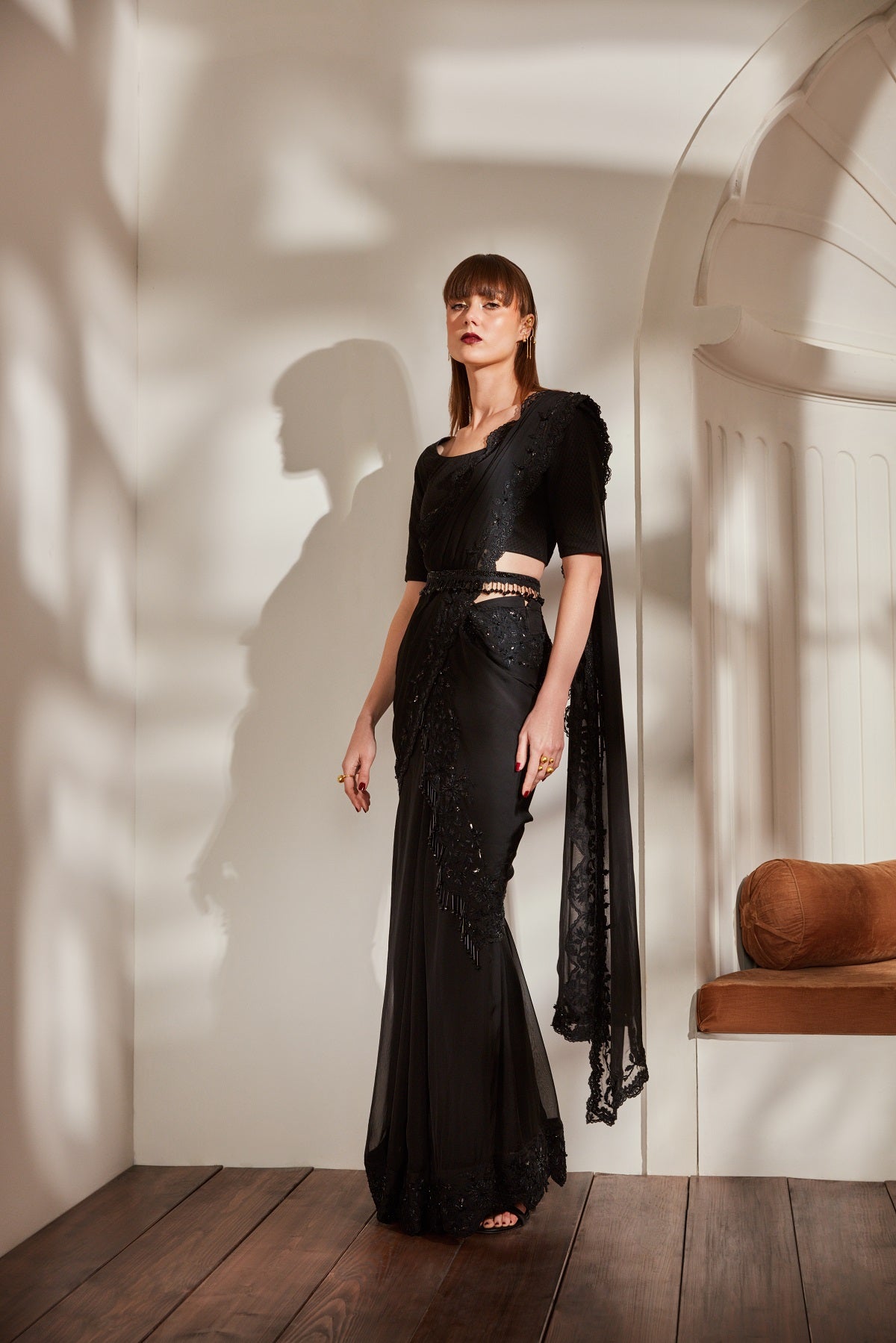 Elegant Black Saree with Noir Glass Beads & Thread Embroidery - Matching Blouse Included | Perfect for Weddings, Parties & Special Occasions