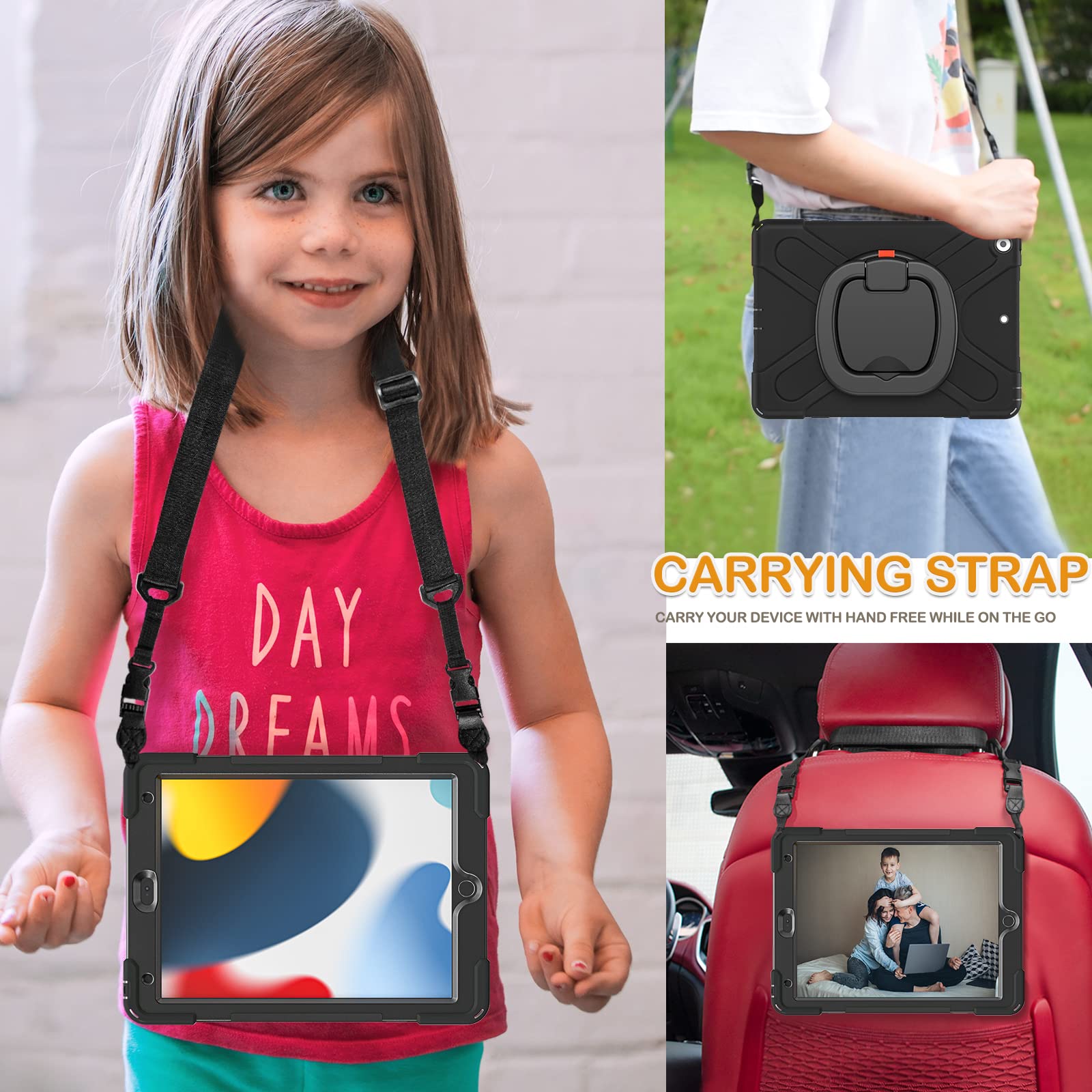 BRAECN Shockproof Hybrid Case for iPad 9th/8th/7th Generation 10.2 Inch - Rugged Silicone Cover with Kickstand, Pencil Holder, Handle Grip & Shoulder Strap (Black) - Perfect for Work, School & Travel