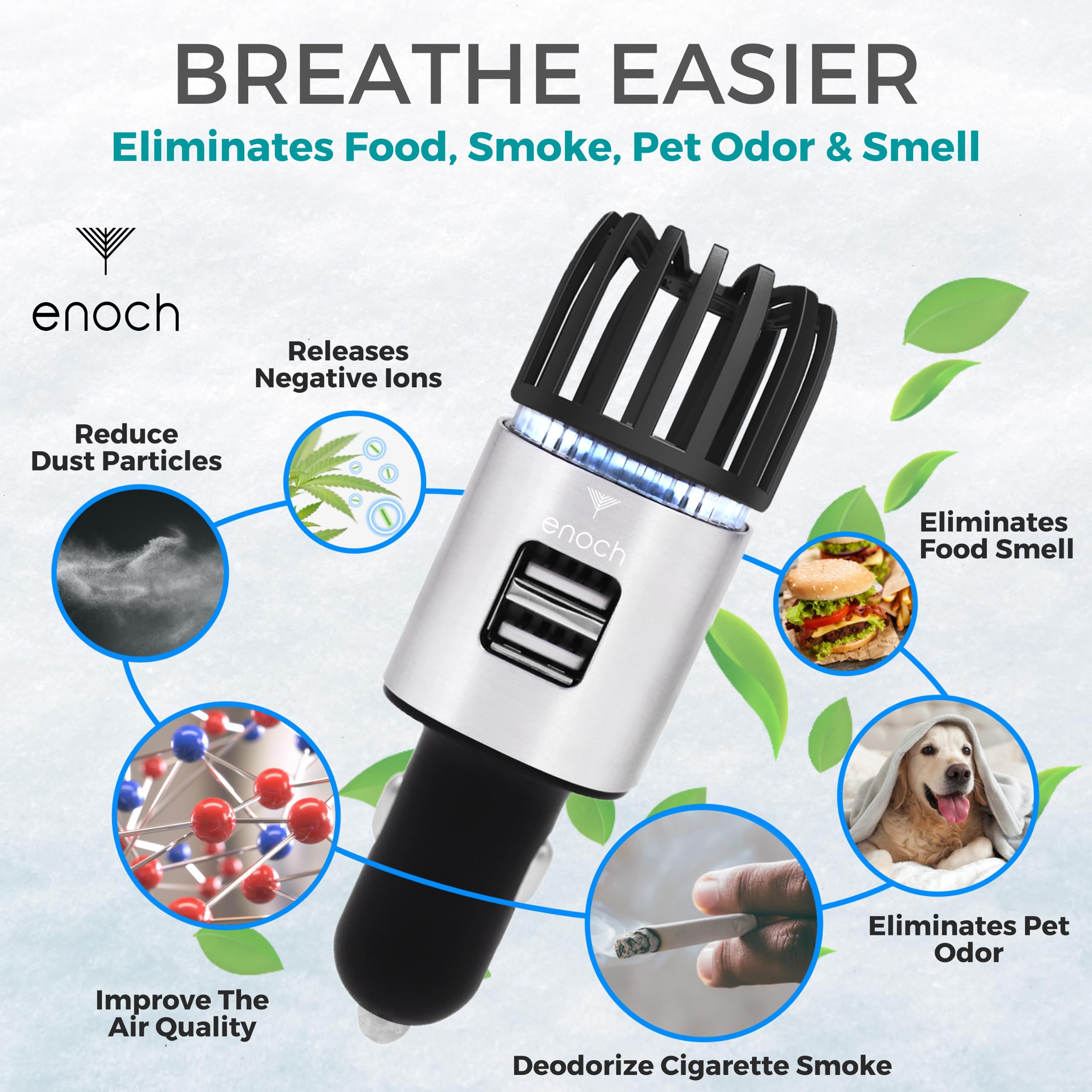 Enoch Ionic Car Air Purifier with Dual USB Charger - Eliminates Odor, Dust, Smoke, Pet & Food Smells - Ozone Car Deodorizer for Fresh Air (Gray Silver) | Perfect for Road Trips, Commuting & Pet Owners