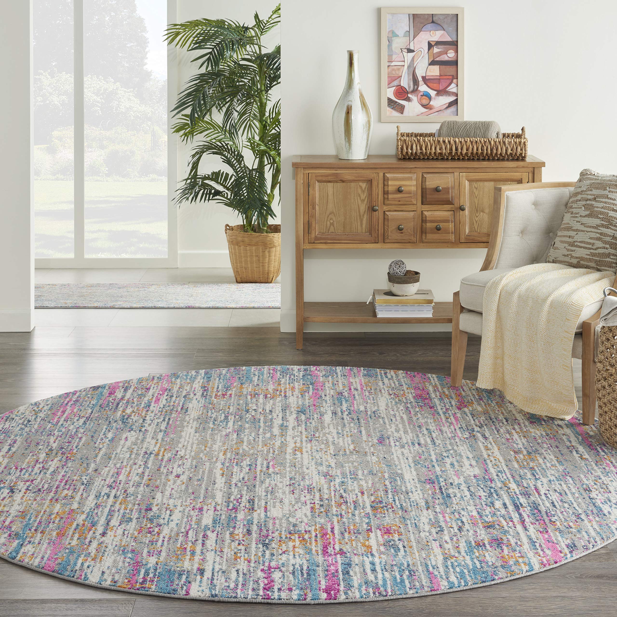 Nourison Passion Abstract Ivory Multi 8' Round Area Rug - Easy Clean, Non-Shedding, Stain Resistant - Perfect for Bedroom, Living Room, Dining Room & Kitchen Decor