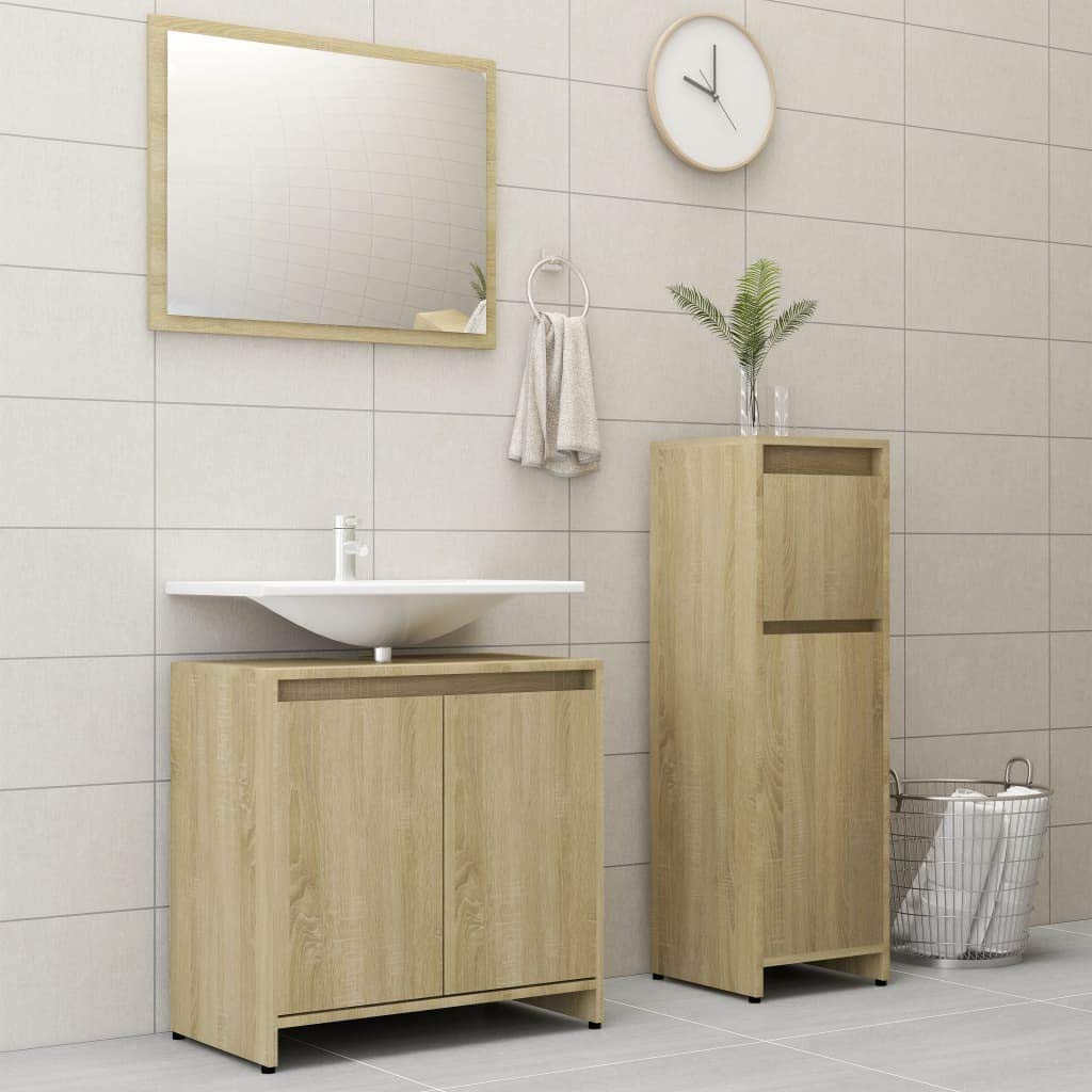 3-Piece Bathroom Vanity Set with Pedestal Cabinet, Side Storage & Mirror - Multifunctional Bathroom Organizer in Brown for Small Spaces & Modern Homes