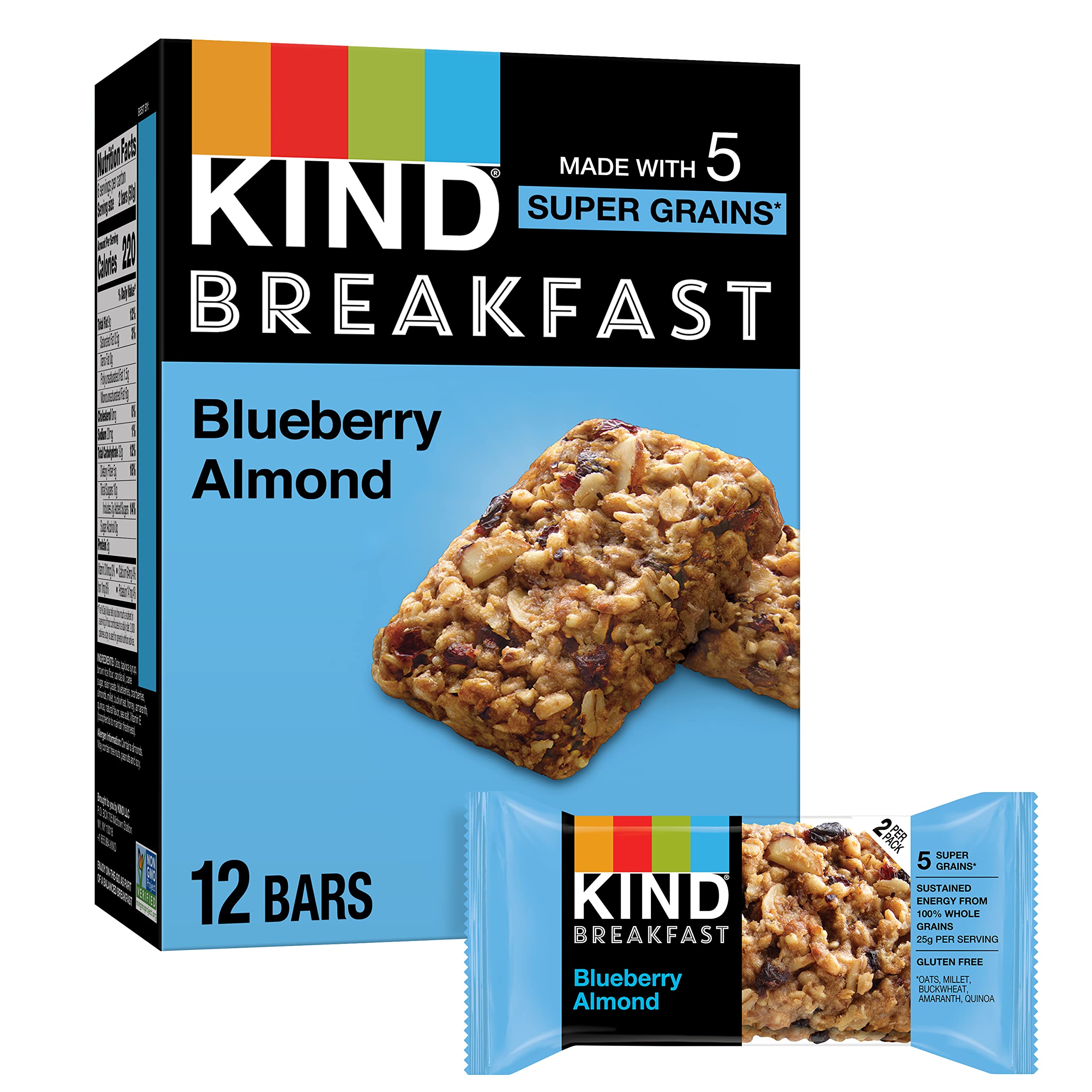 KIND Blueberry Almond Breakfast & Snack Bars - Gluten Free, 100% Whole Grains, 1.76oz Bars (6-Pack) | Healthy On-The-Go Snacks for Work, School & Travel