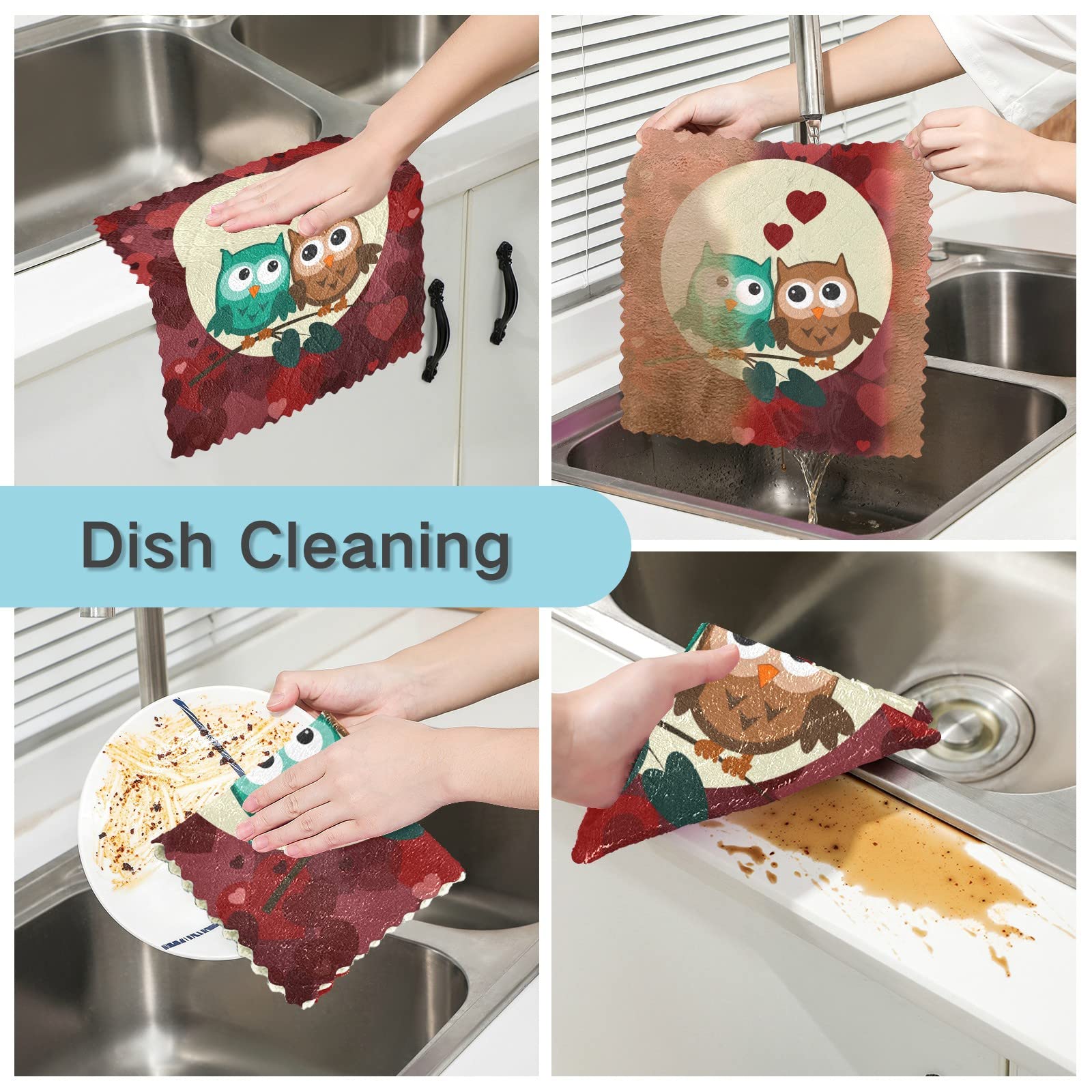 VIGTRO Owl Dish Towels 6 Pack - Super Absorbent, Fast Drying for Kitchen & Gifts