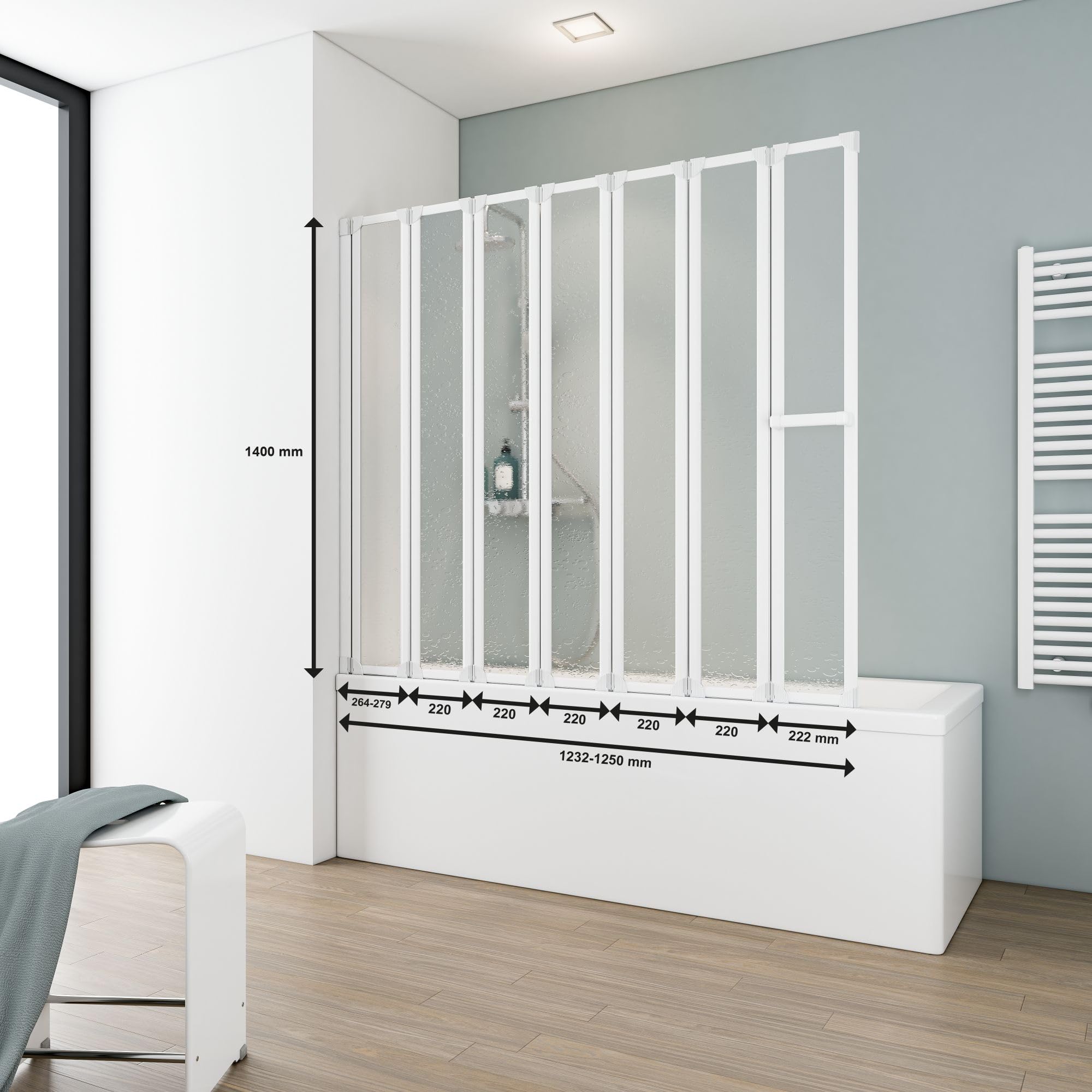 Foldable Shower Enclosure for Bathtub, 159 x 140 cm, Easy Installation, Frosted Glass Softline Light, Alpine White, Made in Germany – Perfect for Small Bathrooms & Space-Saving Solutions