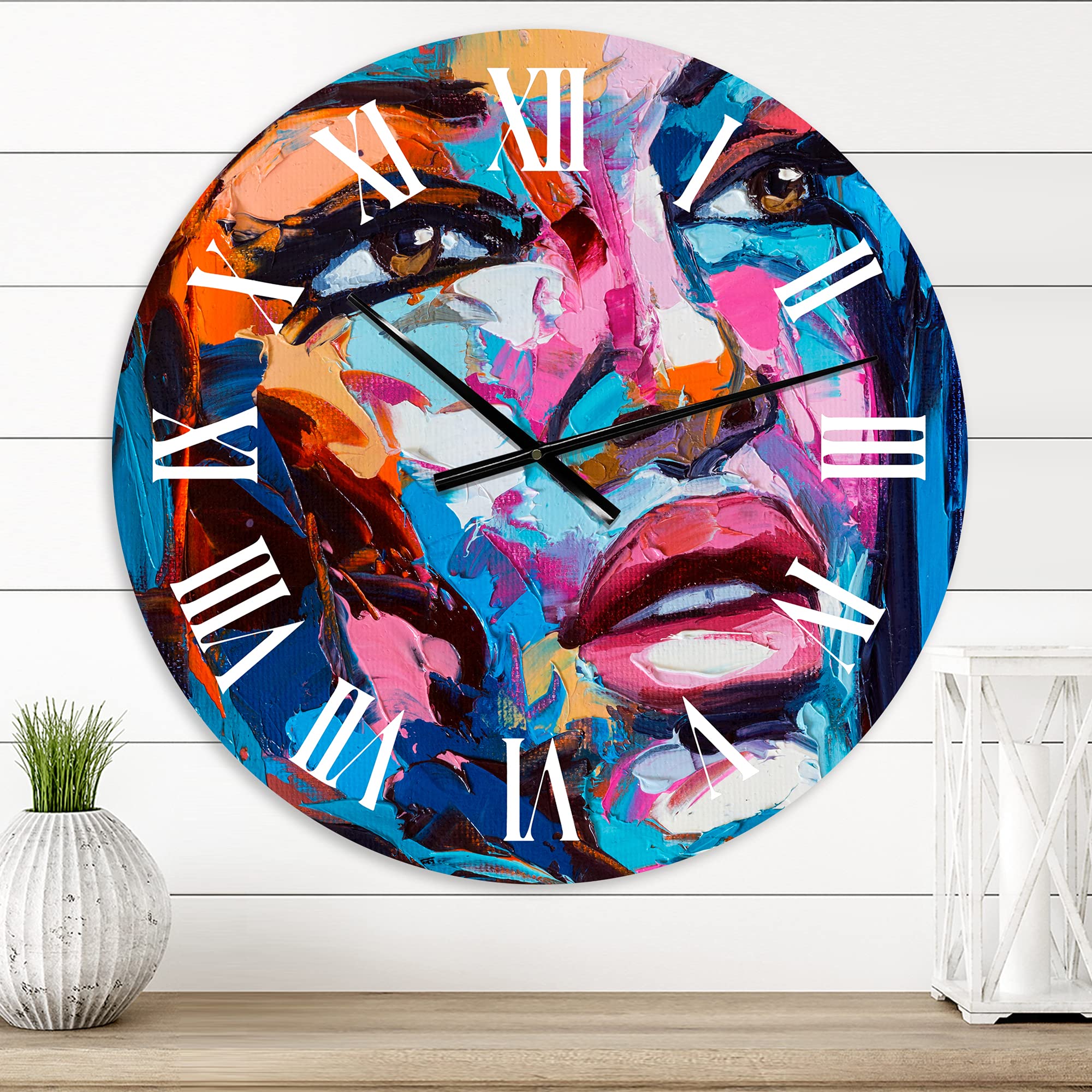 DesignQ Modern Wall Clock - Colorful Fantasy Portrait of A Young Woman III - Large Decorative Wall Clock for Living Room, Bedroom & Office - Unique Home Decor & Gift Idea