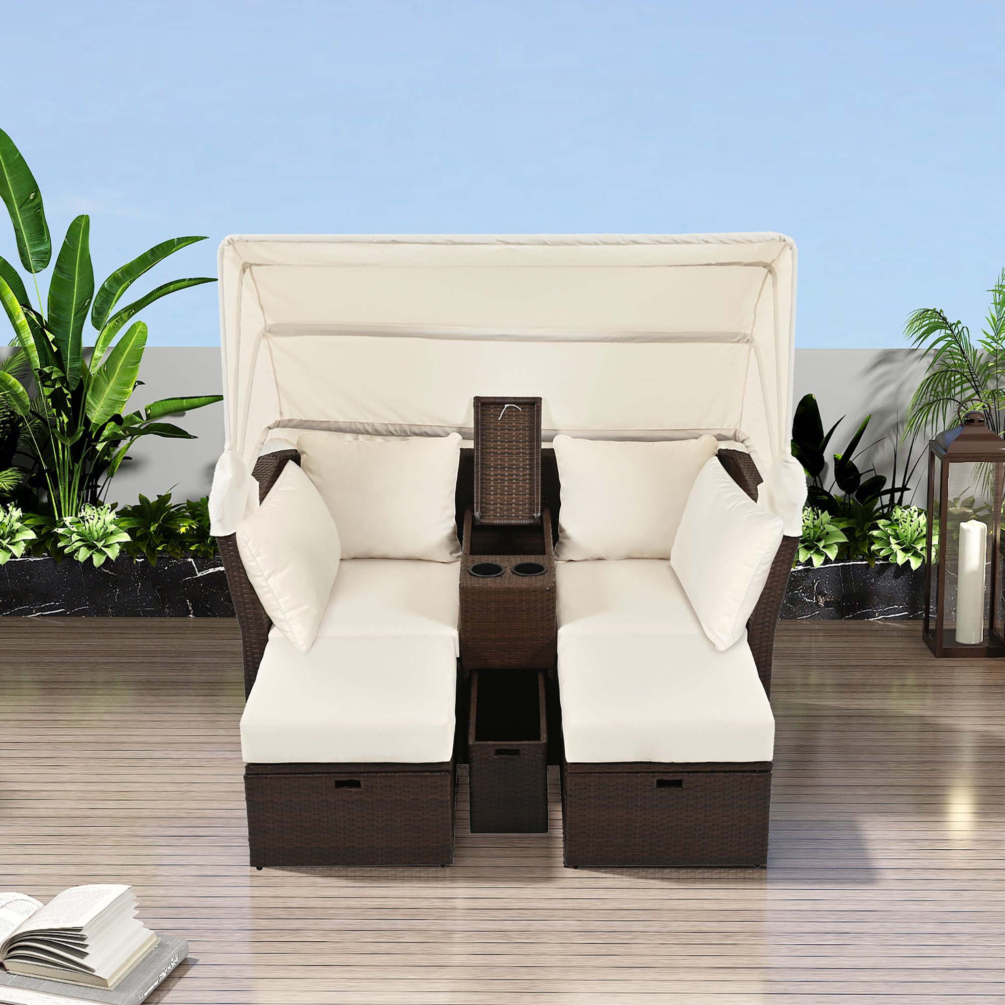 2 Seater Outdoor Patio Daybed with Foldable Awning & Cushions - Double Loveseat Sofa Set for Garden, Balcony, Poolside - Perfect for Relaxing, Sunbathing & Outdoor Lounging (Beige)
