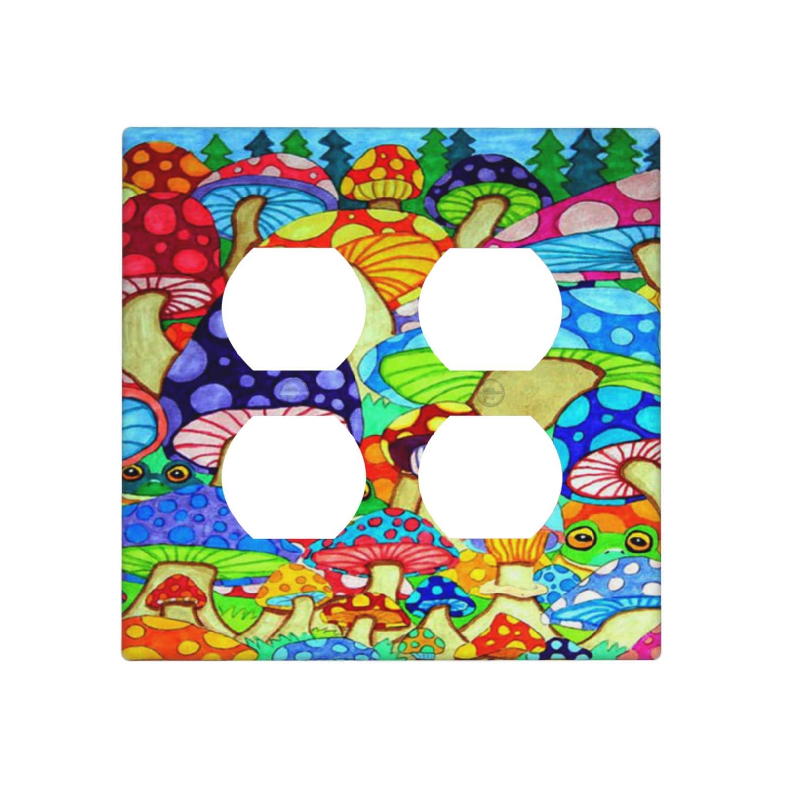 Vintage Cartoon Magic Mushrooms Light Switch Plates - 2 Gang Duplex Receptacle Outlet Covers for Wall Decor - Cute Home Office Bedroom Living Room School Decor - Perfect for Mushroom Theme Rooms & Gift Giving