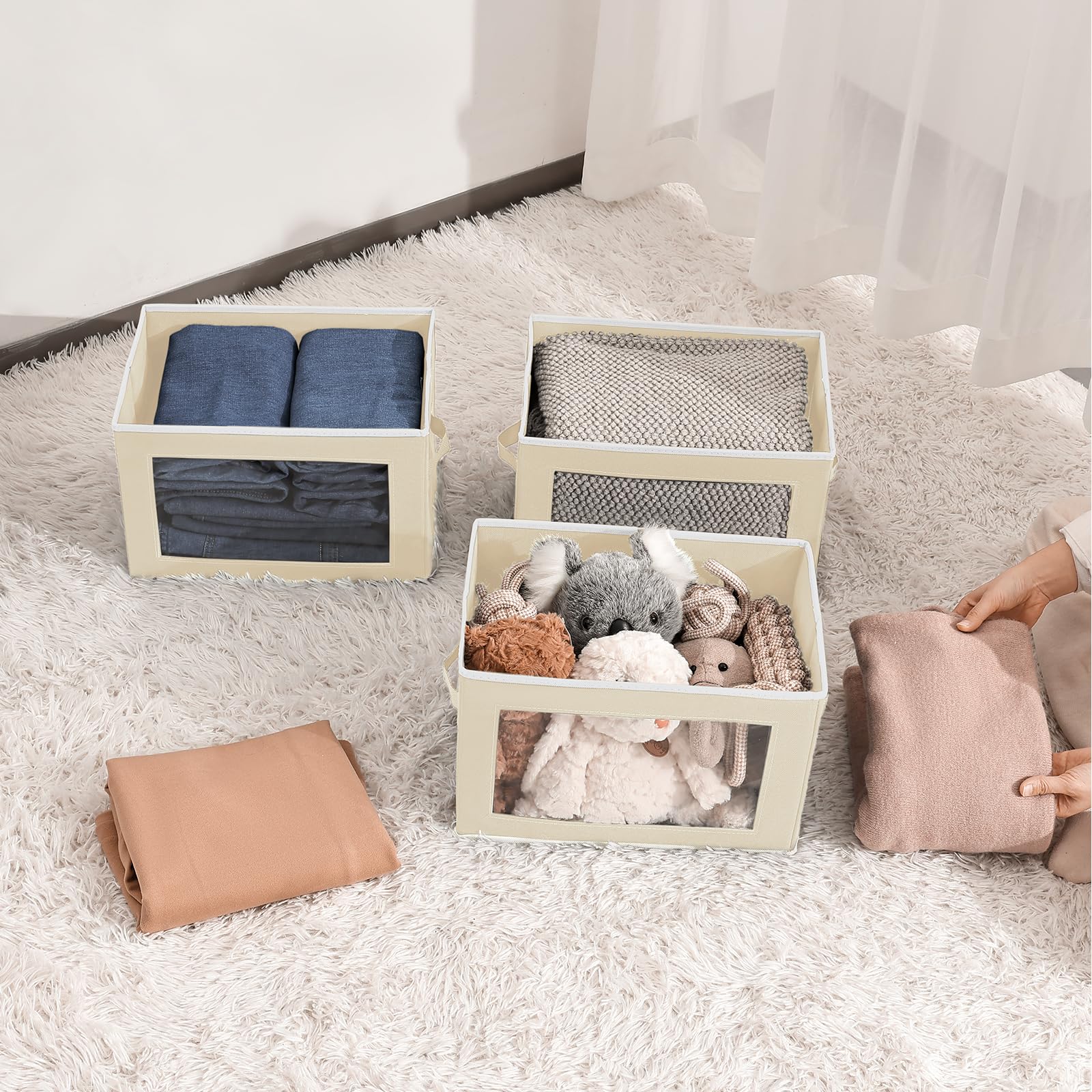 Fabric Storage Bins with Lids - 3 Pack Beige Organizers for Home & Office Closet