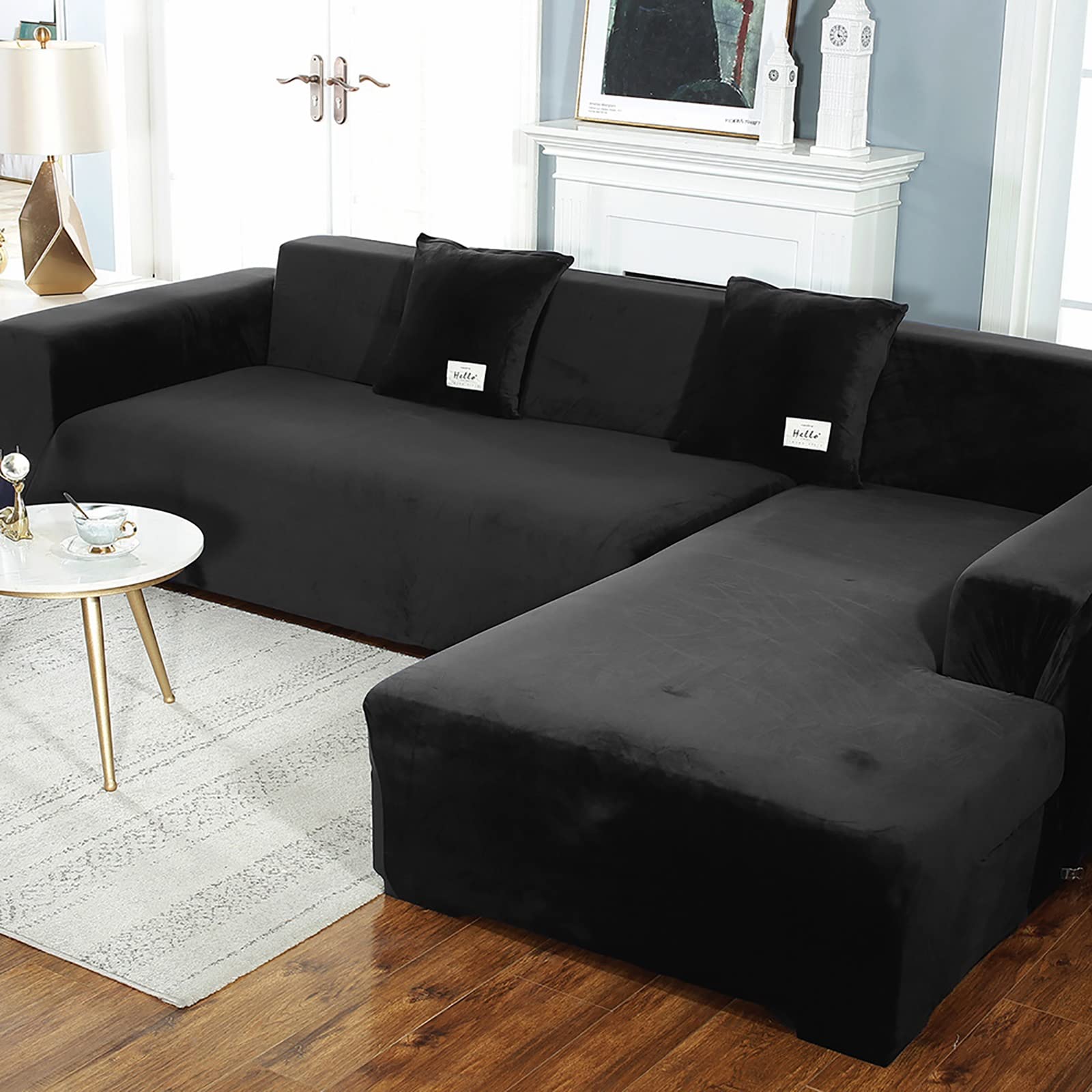 ZSDCGC Velvet Stretch Corner Sectional Sofa Cover for 1-5 Seater L-Shaped Couches - Super Soft U-Shaped Slipcover Furniture Protector for Living Room (Black, 4-Seat) - Perfect for Pet Owners & Family Gatherings