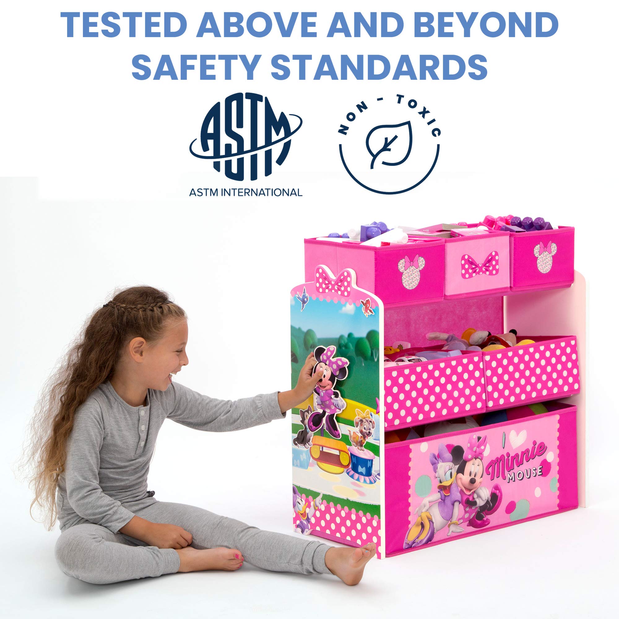 Disney Minnie Mouse Kids Upholstered Chair with 6-Bin Toy Storage Organizer Set - Soft Pink Plush Chair & Toy Box for Girls' Bedroom, Playroom, or Nursery - Delta Children UP83517MN Collection