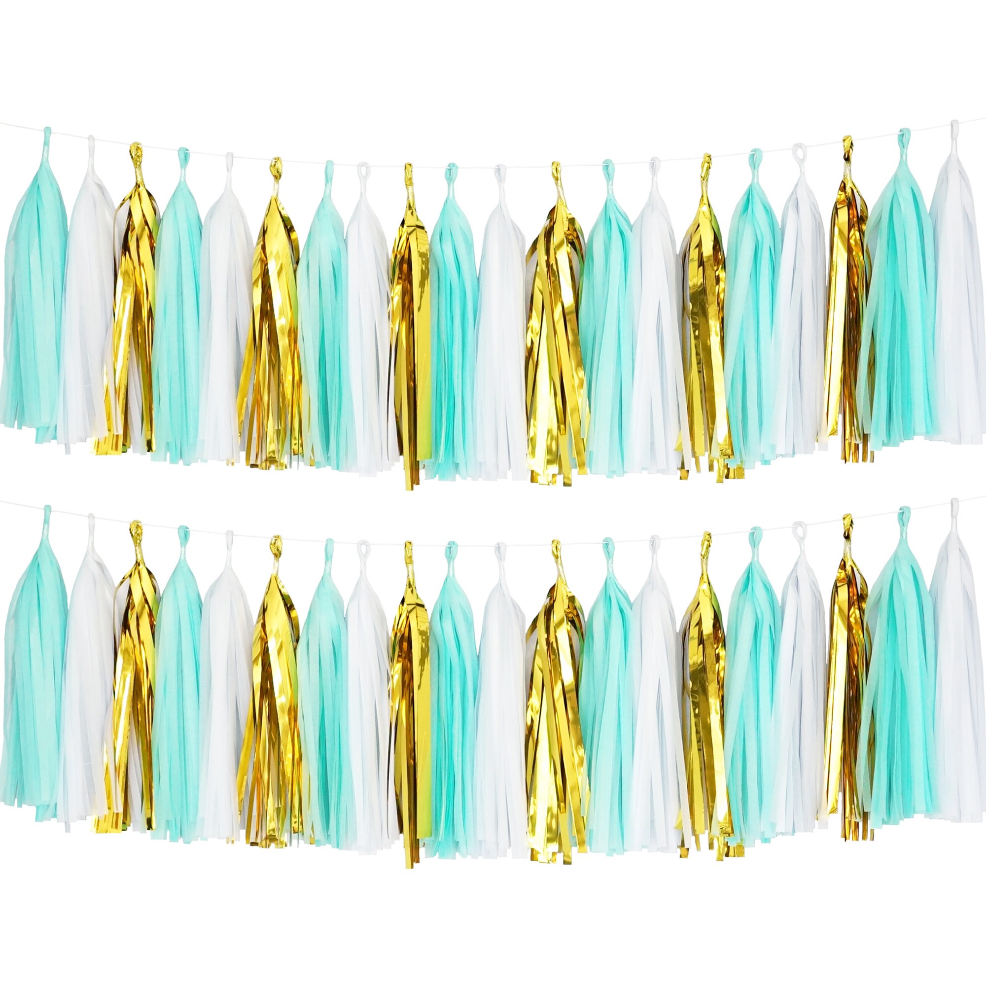 20-Pack DIY Tissue Paper Tassel Garland Kit - White, Mint & Gold Mylar Party Decorations for Weddings, Baby Showers & Birthday Celebrations - Perfect for Wall Decor, Photo Backdrops & Event Styling